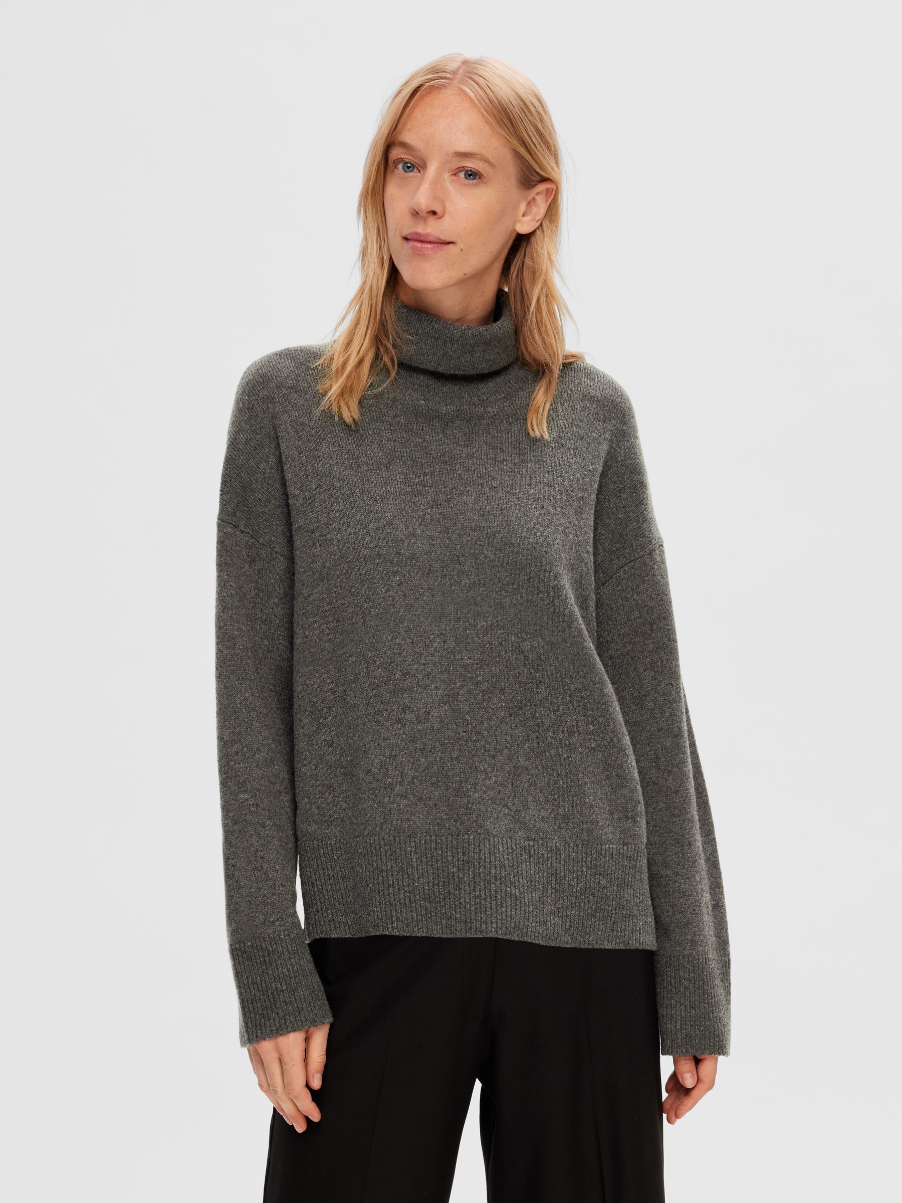 WOOL BLEND ROLL NECK JUMPER, Medium Grey Melange, highres