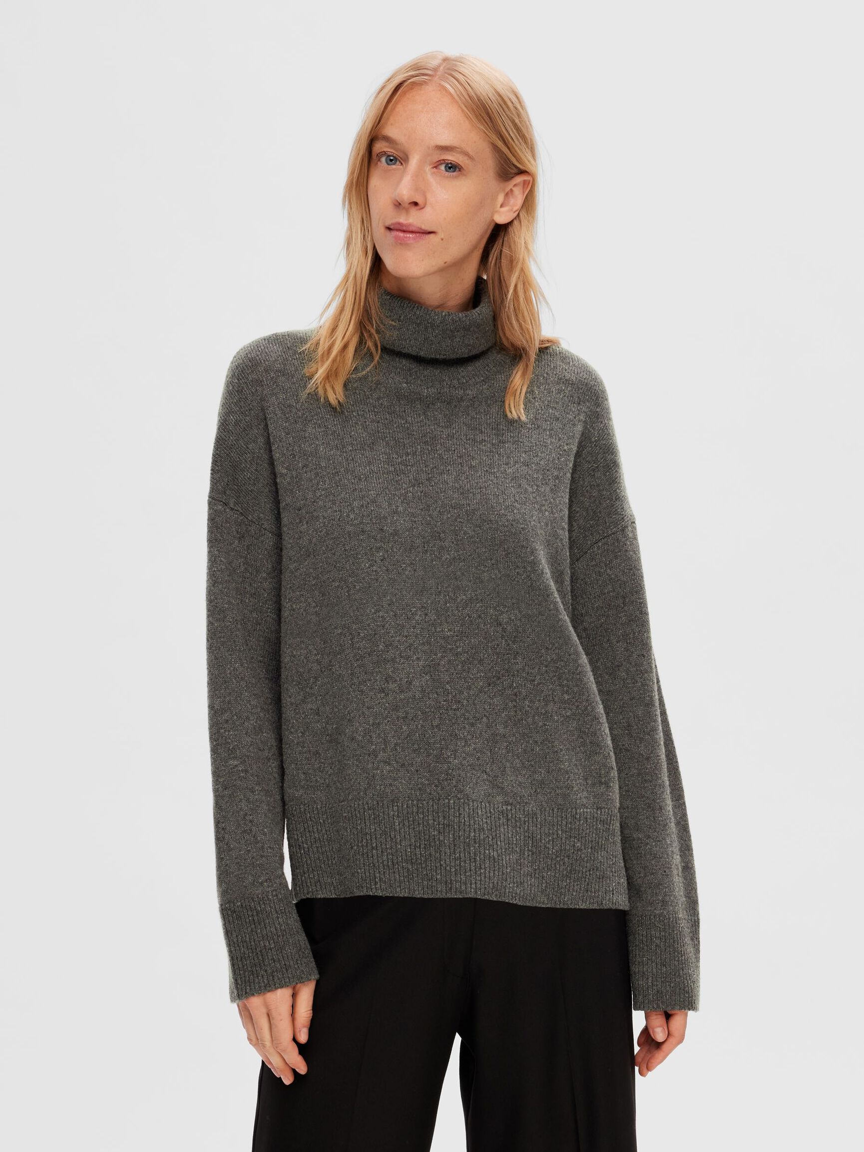WOOL BLEND ROLL NECK JUMPER, Medium Grey Melange, highres