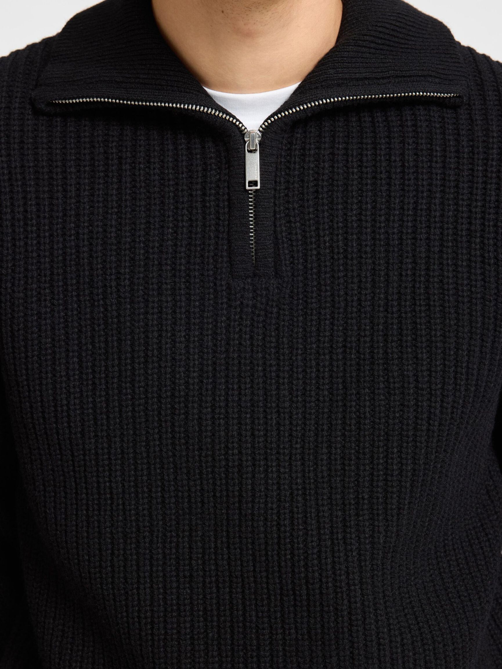 WOLLGEMISCH STRICK HALF-ZIP PULLOVER, Black, highres