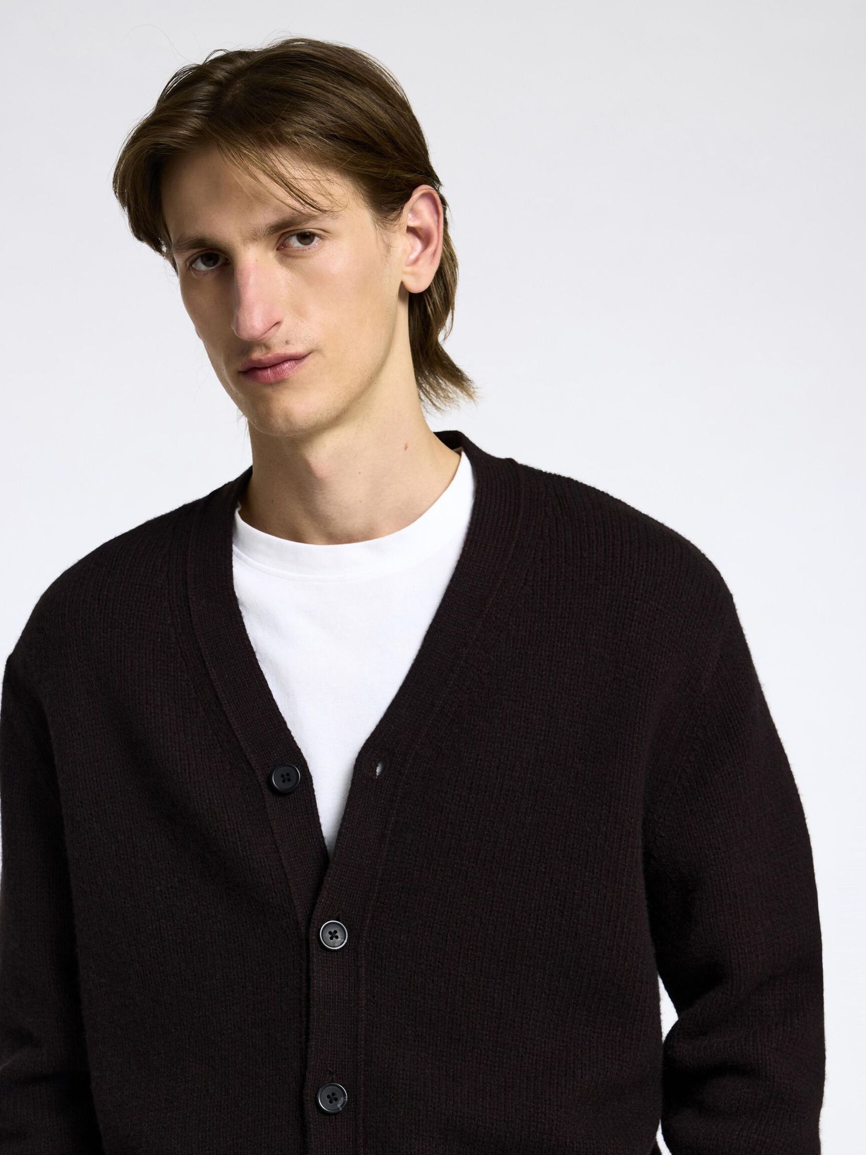 RELAXED FIT WOLLGEMISCH STRICKJACKE, Chocolate Torte, highres