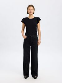 COTTON RUFFLED T-SHIRT, Black, highres