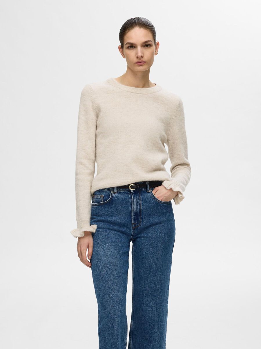Selected WOOL BLEND RUFFLED SLEEVE PULLOVER, Birch, highres - 16094269_Birch_1113605_003.jpg