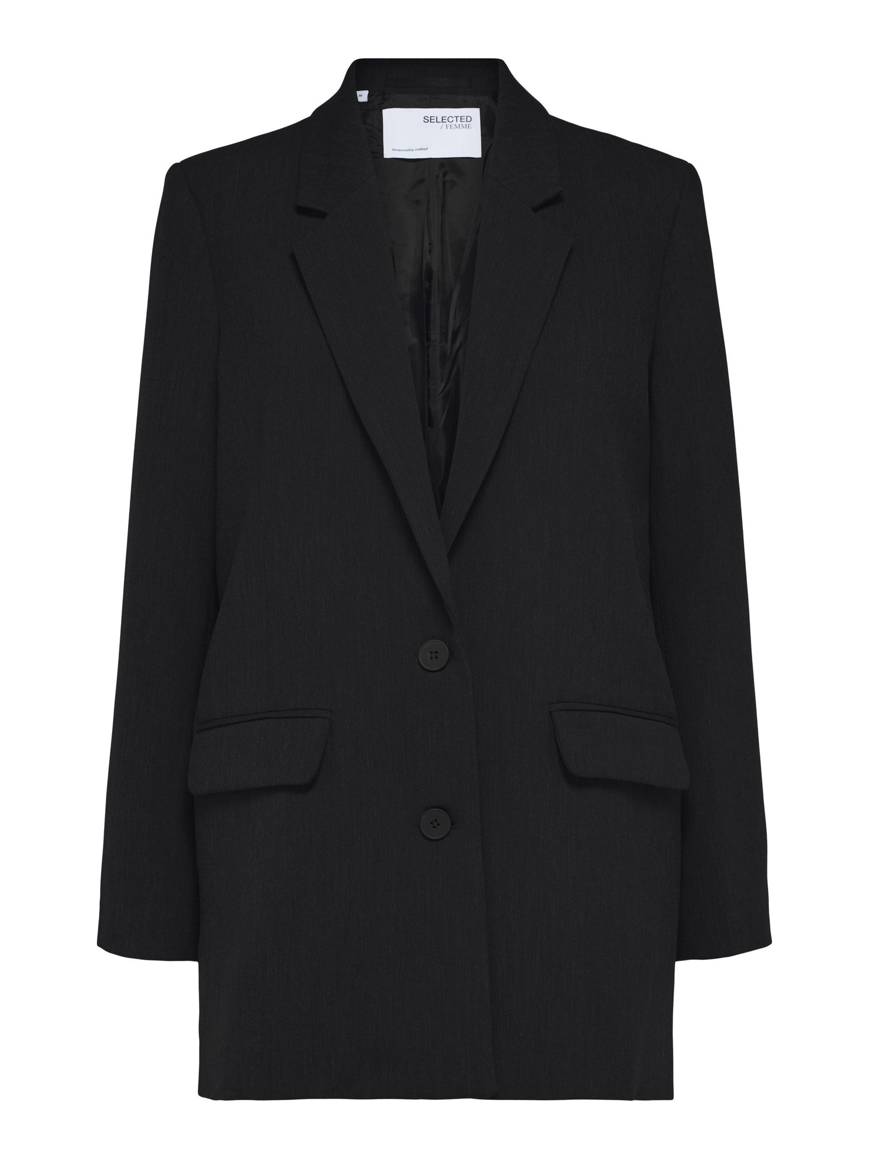 LÅNG RELAXED FIT ENKELKNÄPPT KAVAJ, Black, highres