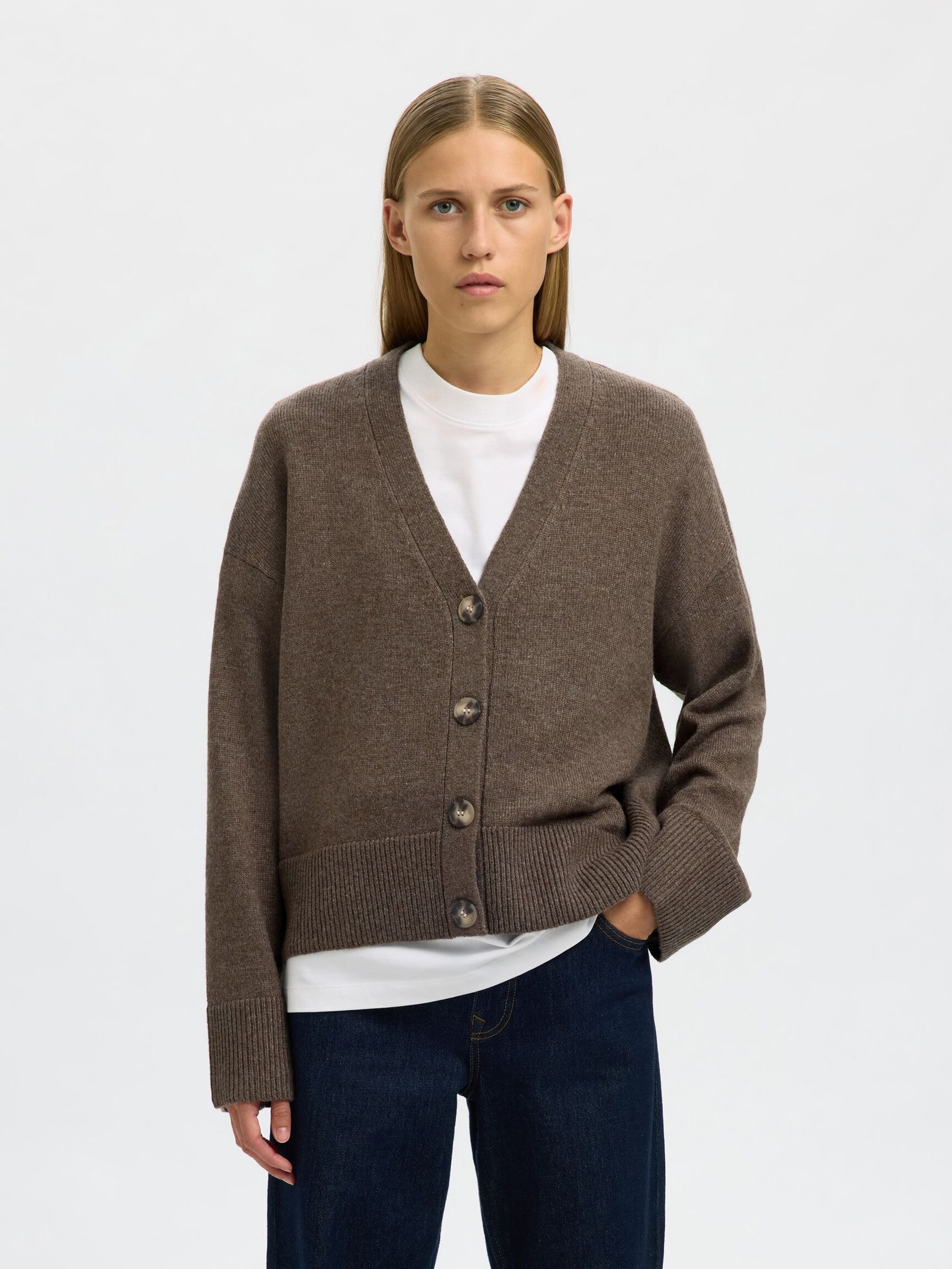 WOOL BLEND KNITTED CARDIGAN, Morel, highres