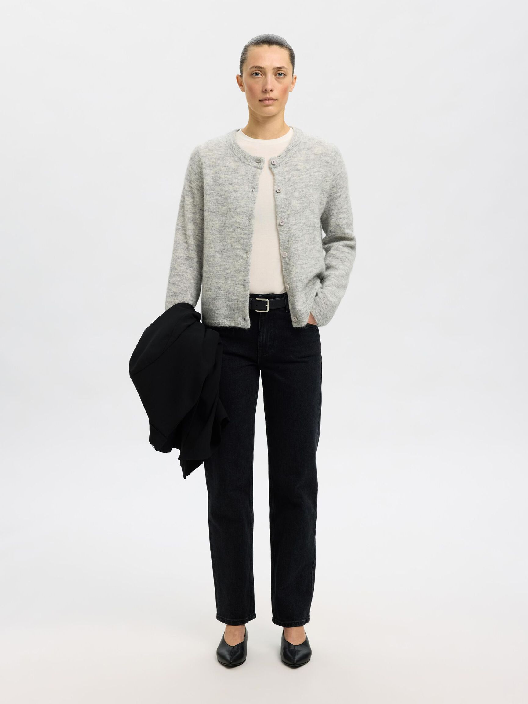 WOOL BLEND KNITTED CARDIGAN, Light Grey Melange, highres