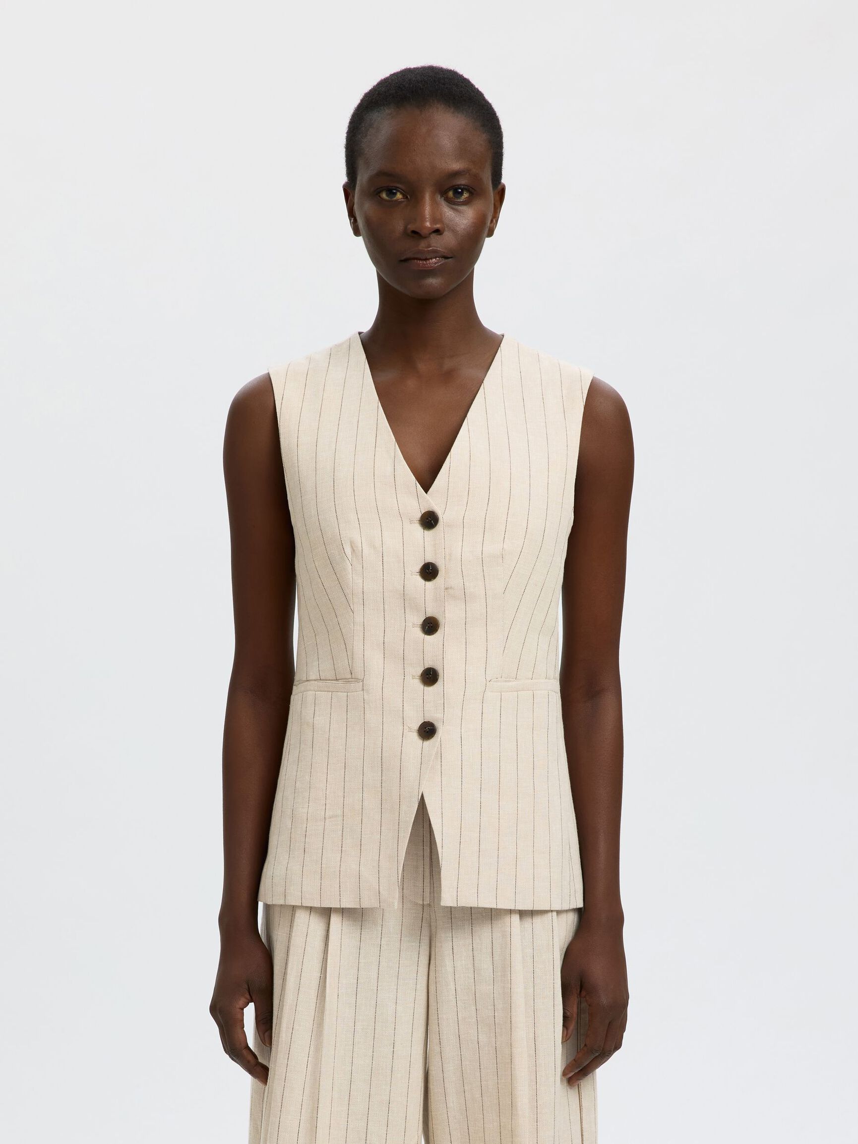 LINEN BLEND VEST, White Pepper, highres