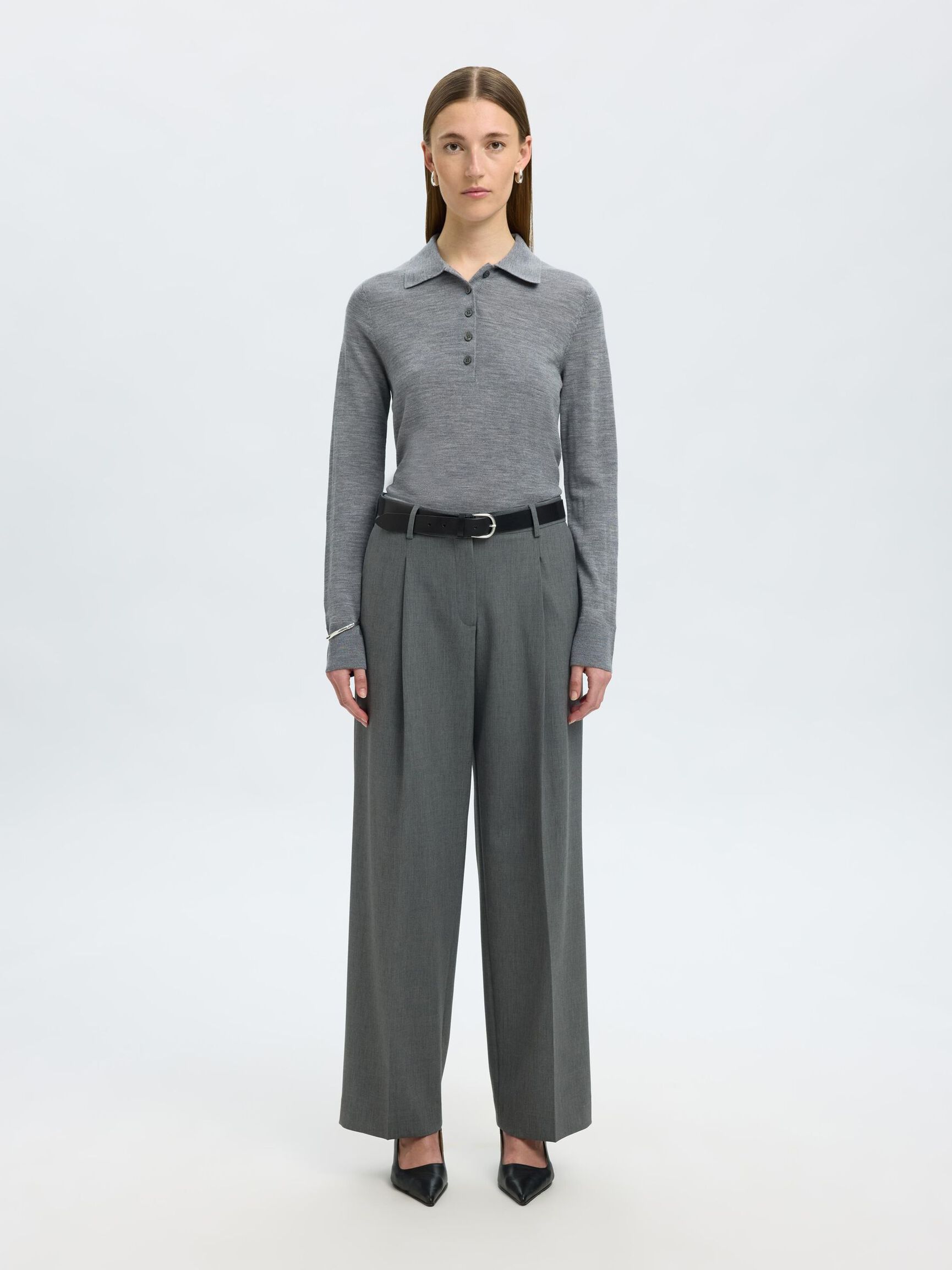 100% MERINOULD STRIKKET POLOSHIRT, Medium Grey Melange, highres