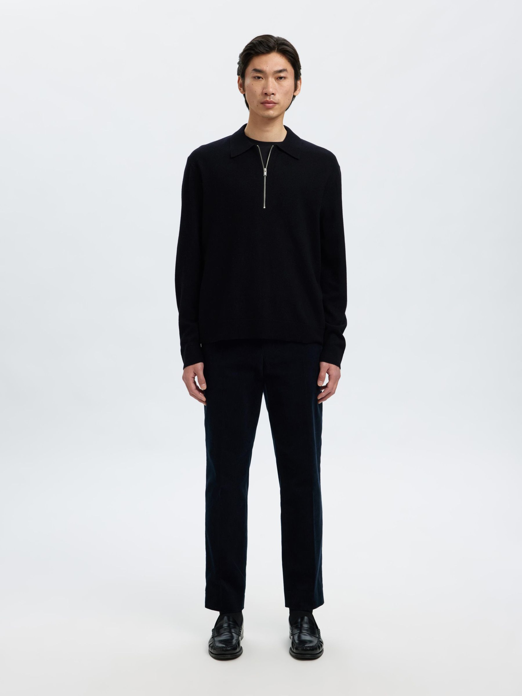 100% MERINOULL LÅNGÄRMAD PIKÉTRÖJA, Black, highres