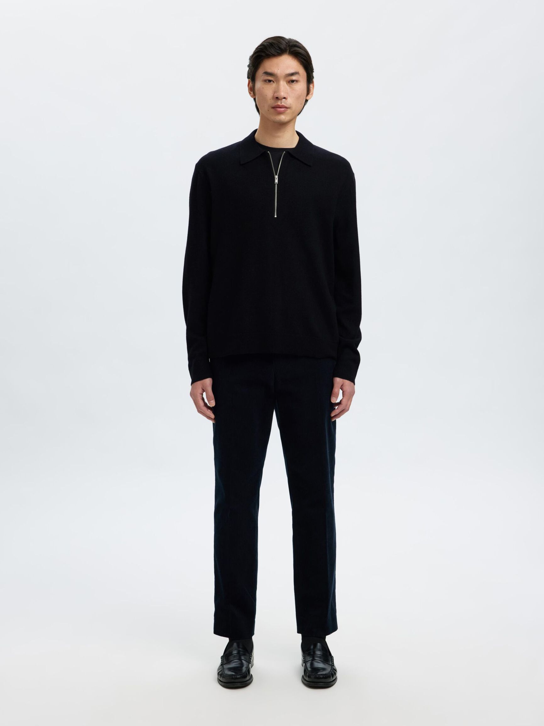 100% MERINOWOL POLO MET LANGE MOUWEN, Black, highres