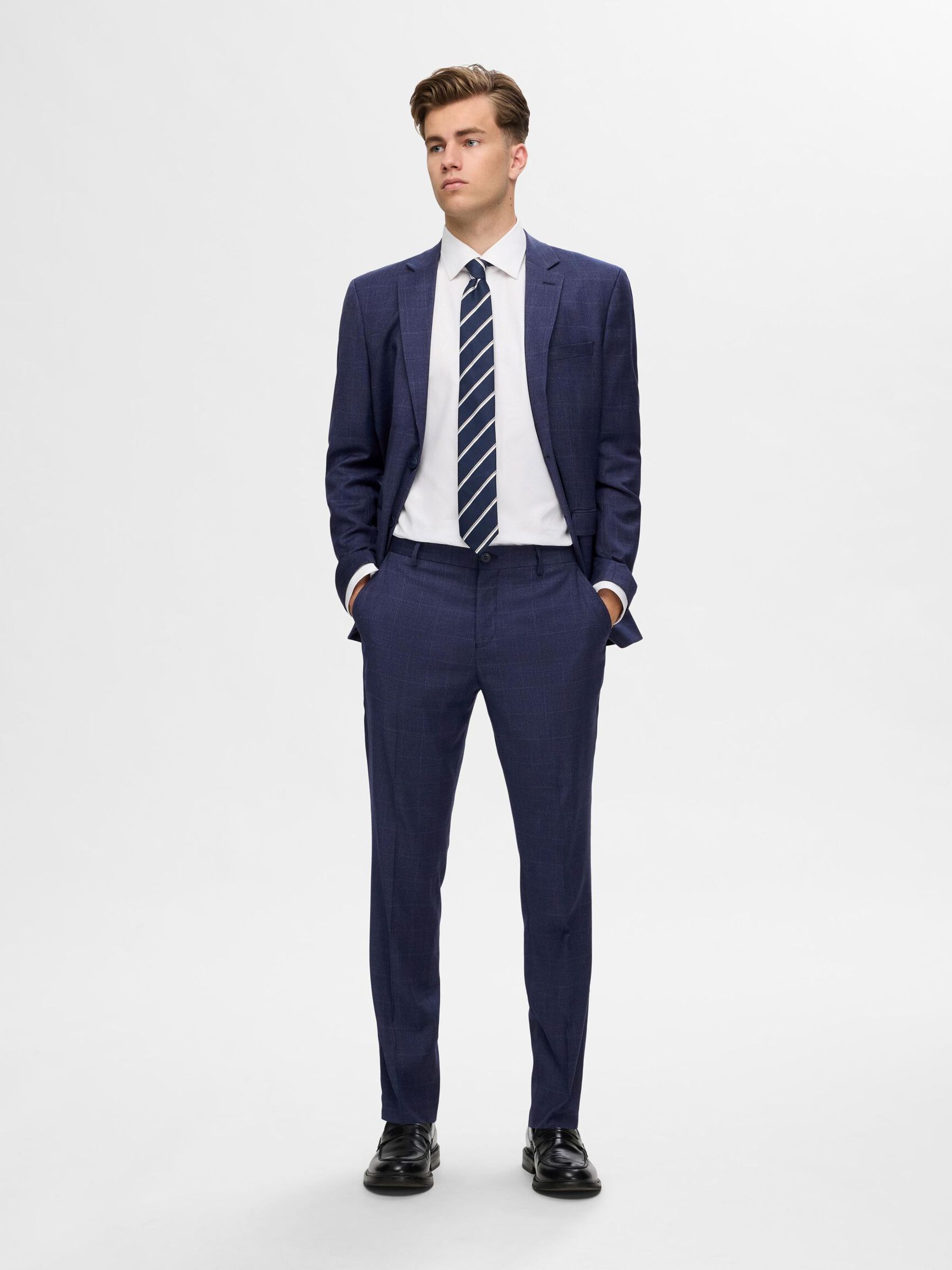 CHECKED SLIM FIT  SUIT TROUSERS, Dark Blue, highres