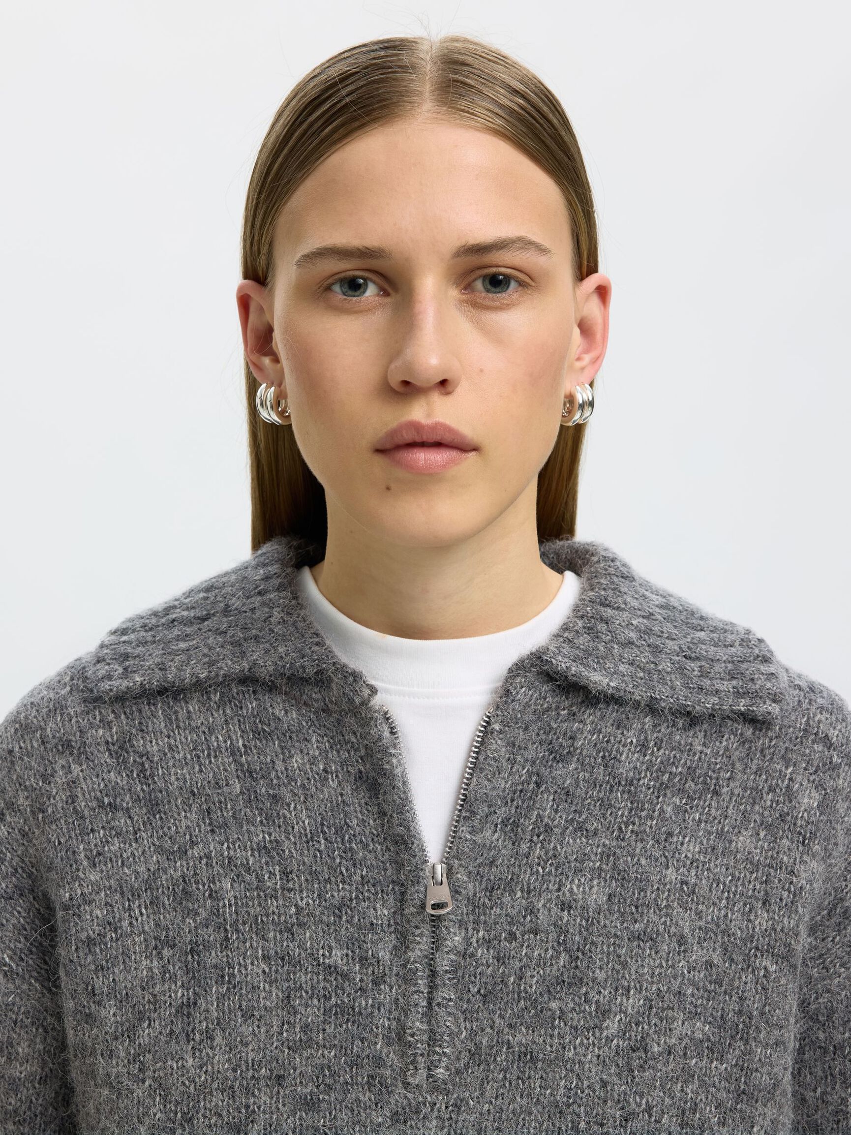 ALPACA BLEND HALF-ZIP JUMPER, Medium Grey Melange, highres
