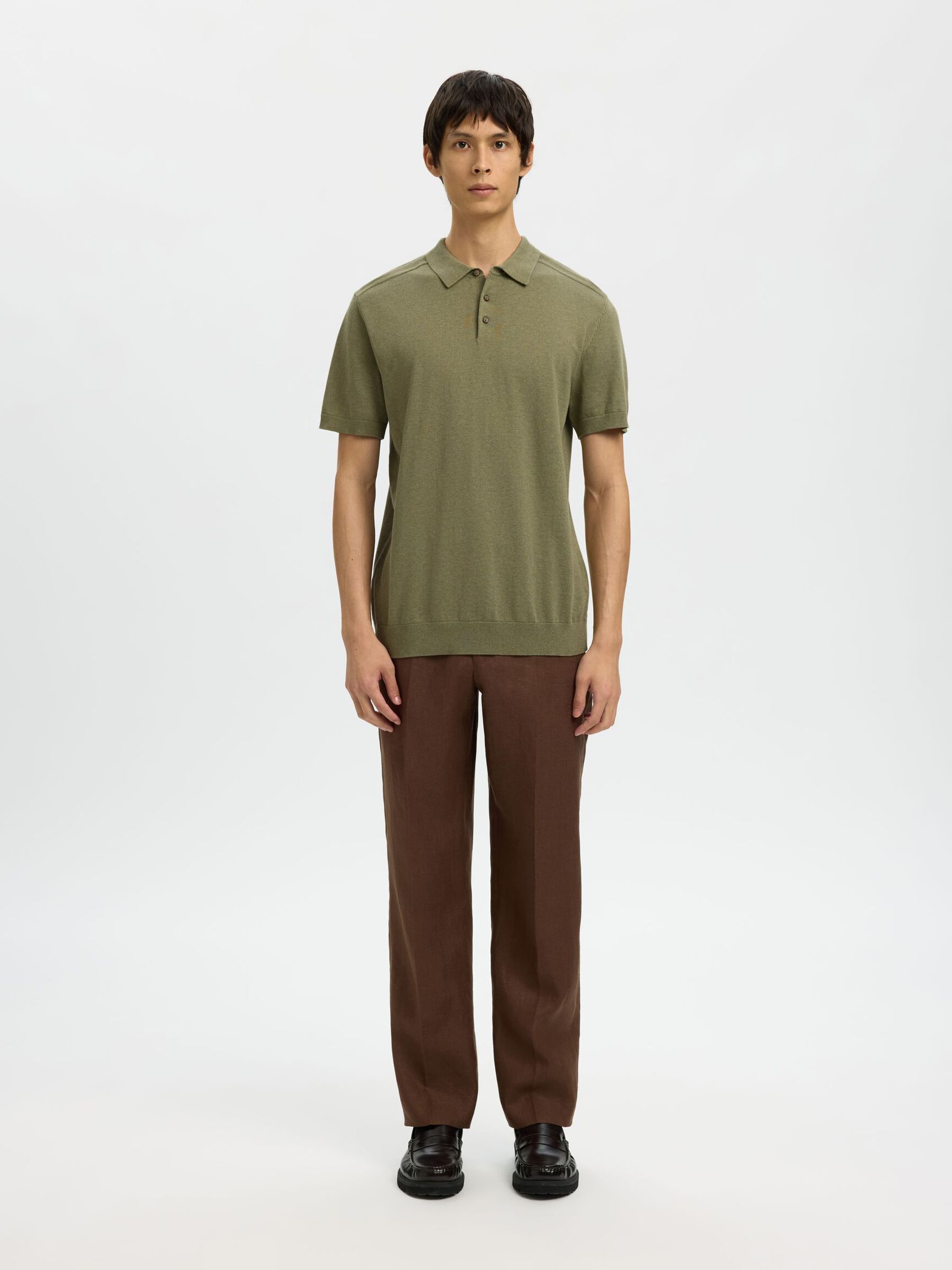 KNITTED POLO SHIRT, Deep Lichen Green, highres