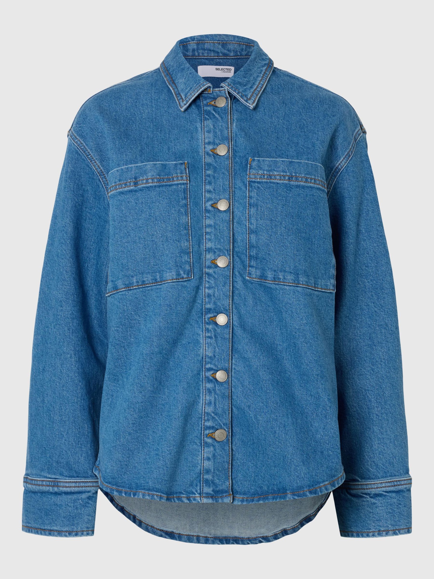 LANGE MOUWEN SPIJKERBLOUSE, Medium Blue Denim, highres