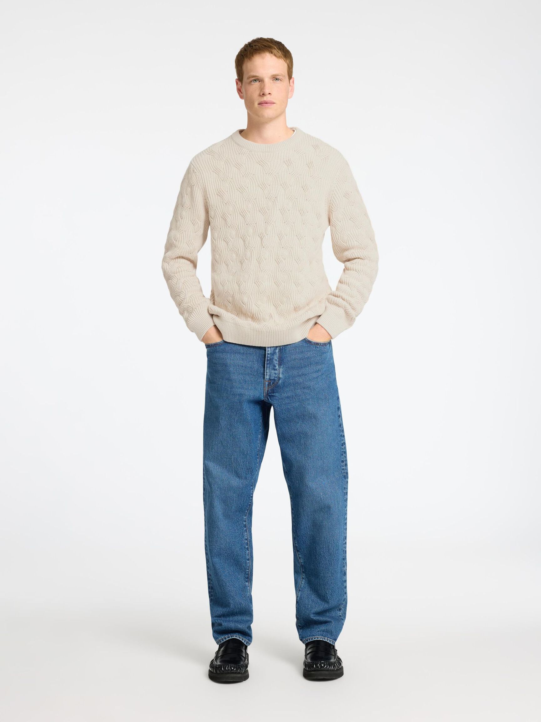 KABELSTRIKK CREW NECK-GENSER, Oatmeal, highres