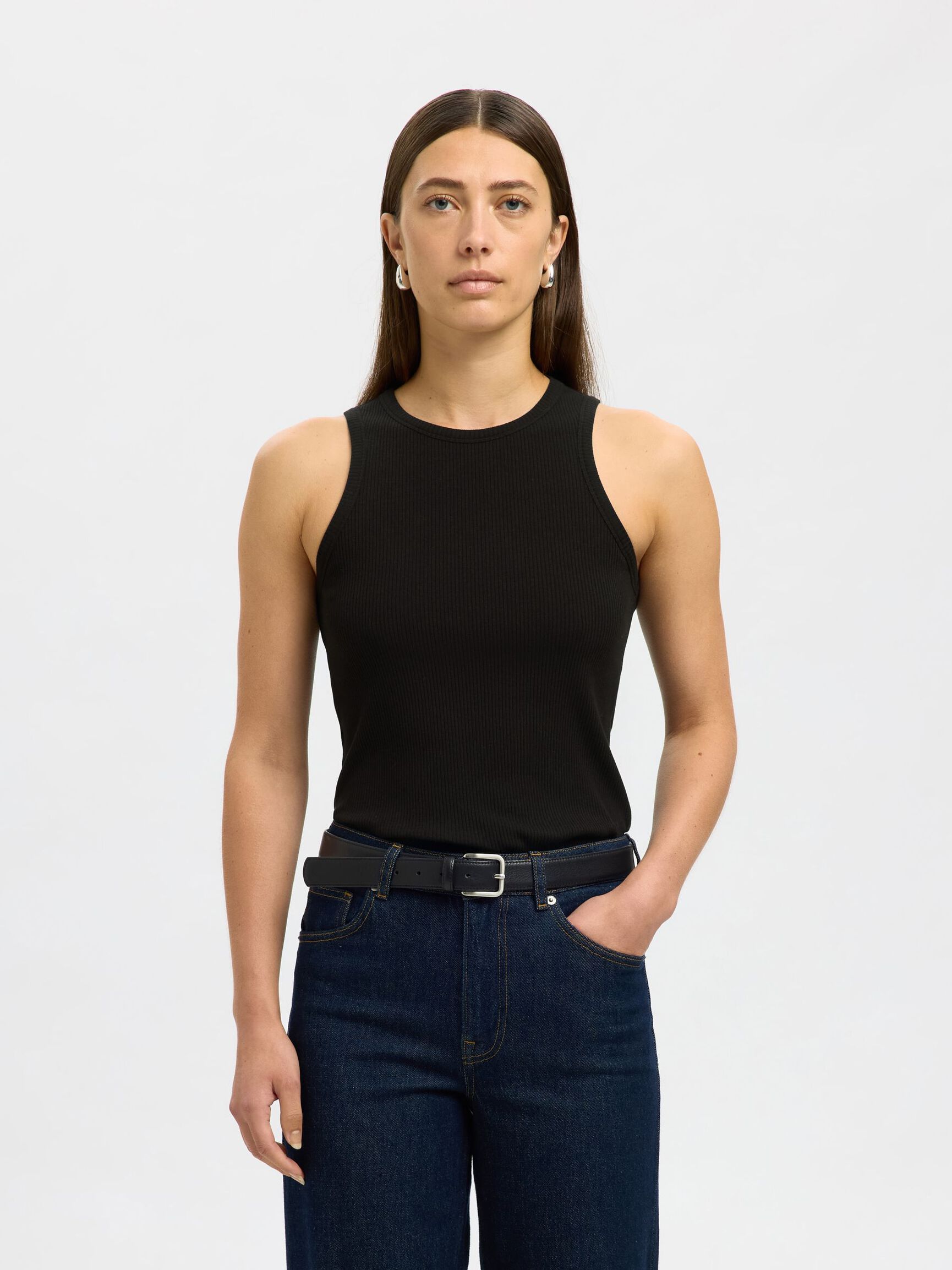 RIBBED TANK TOP, Black, highres