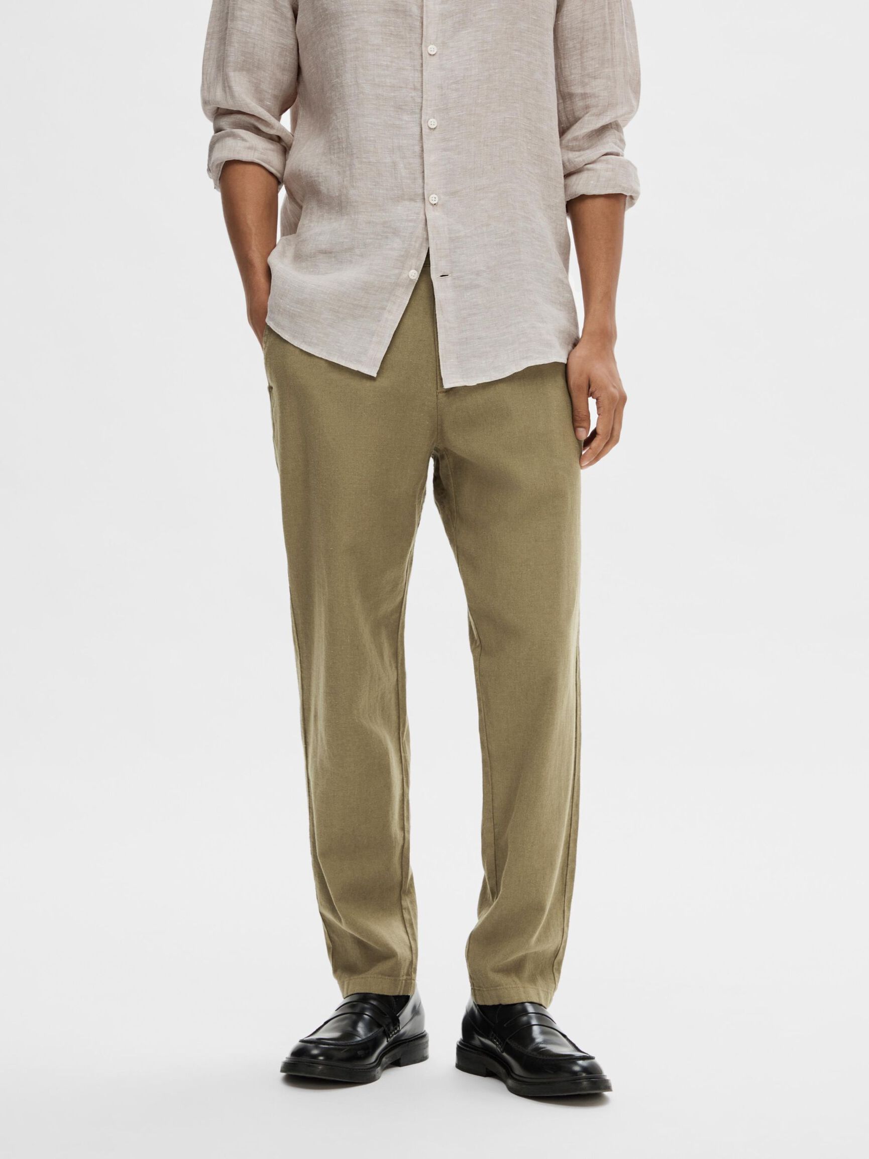 COUPE SLIM FUSELÉE EN LIN MÉLANGÉ PANTALON, Burnt Olive, highres