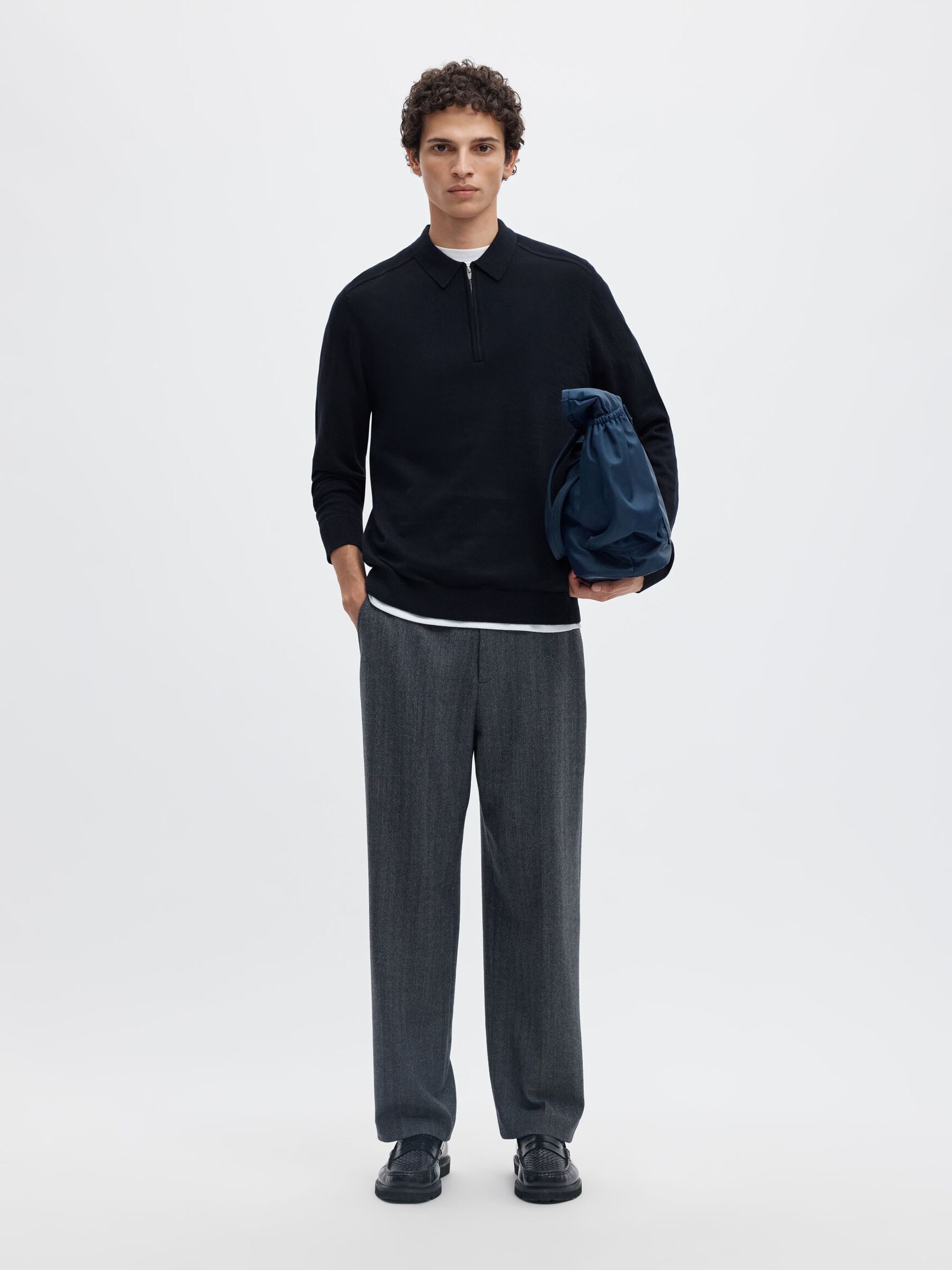 KNITTED LONG-SLEEVED POLO, Navy Blazer, highres