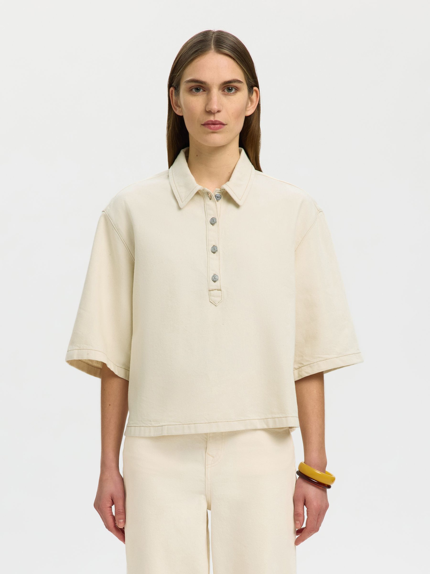 DENIM POLO SHIRT, Egret, highres