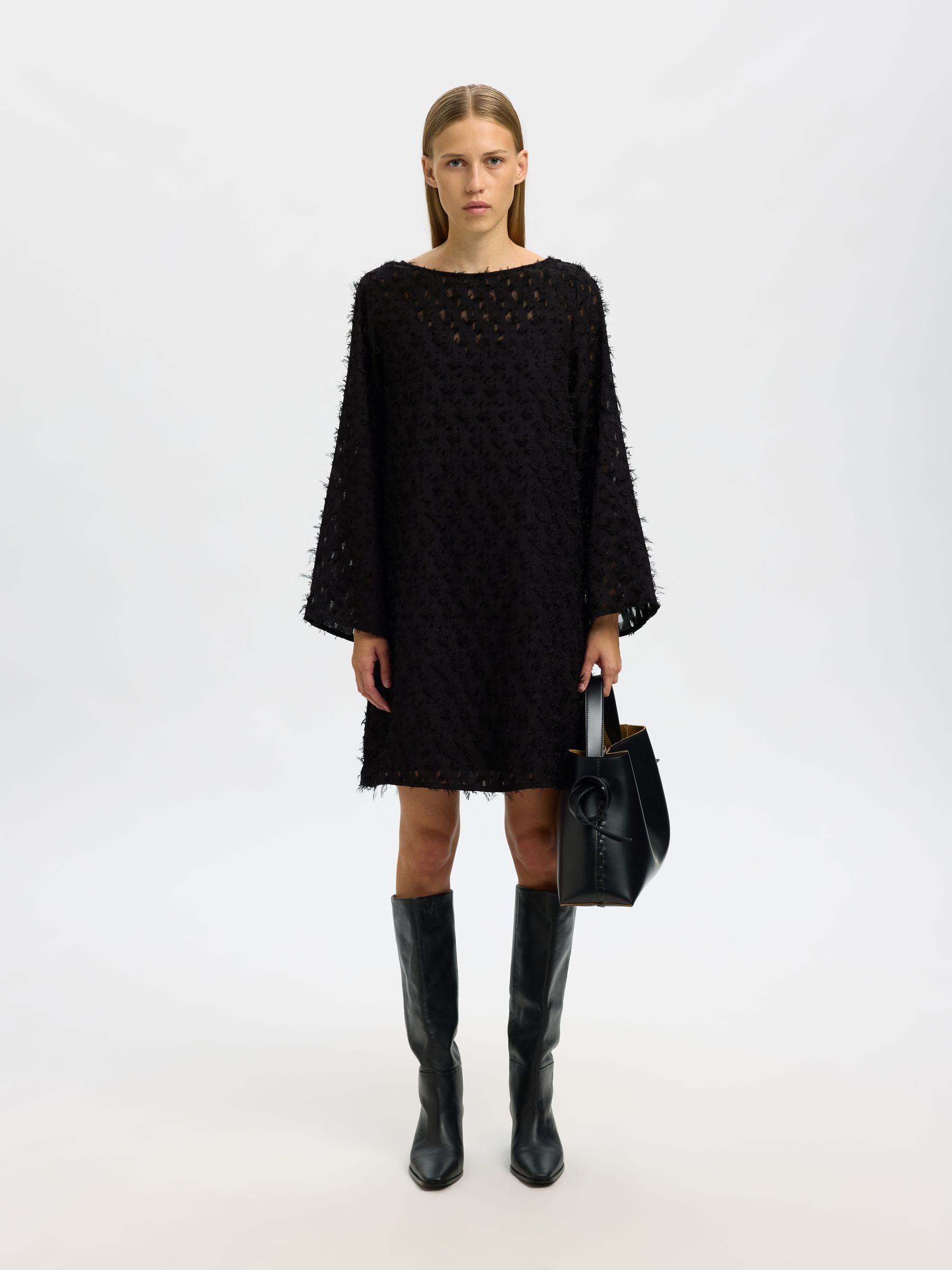 BOAT NECK JACQUARD MINI DRESS, Black, highres