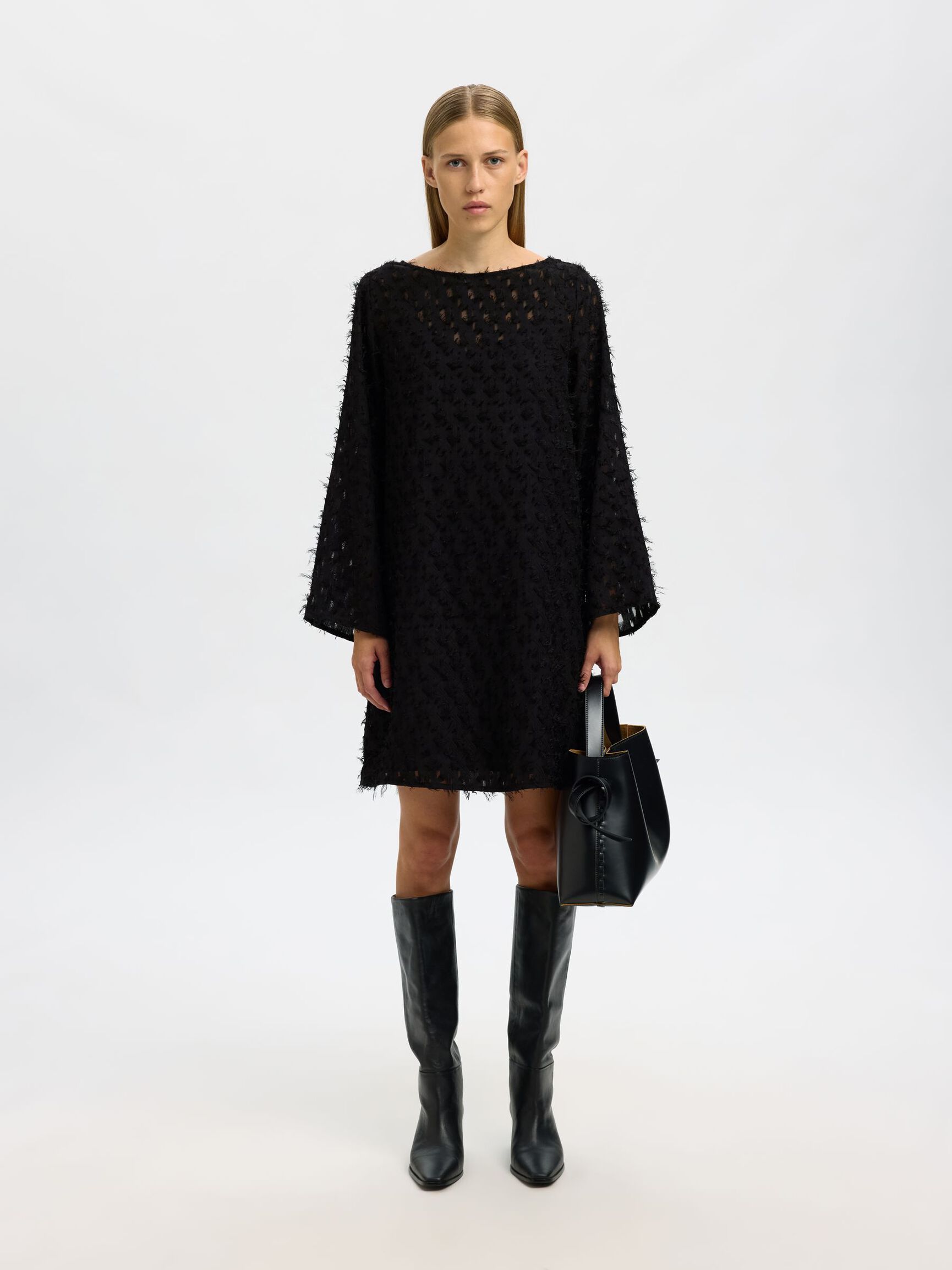 BOAT NECK JACQUARD MINI DRESS, Black, highres