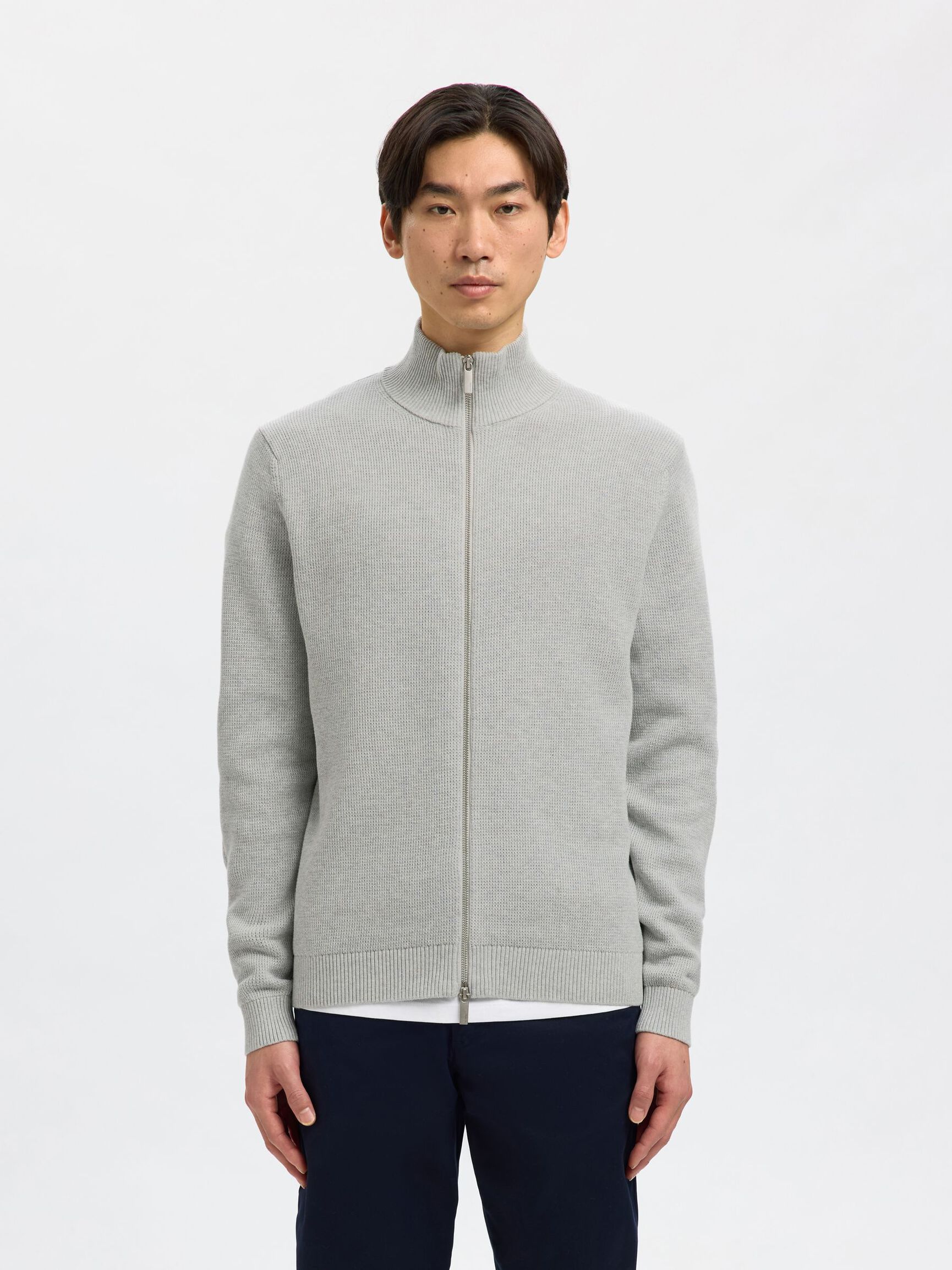 ZIPPED HIGH NECK KNITTED CARDIGAN, Light Grey Melange, highres