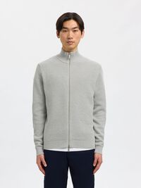 ZIPPED HIGH NECK KNITTED CARDIGAN, Light Grey Melange, highres