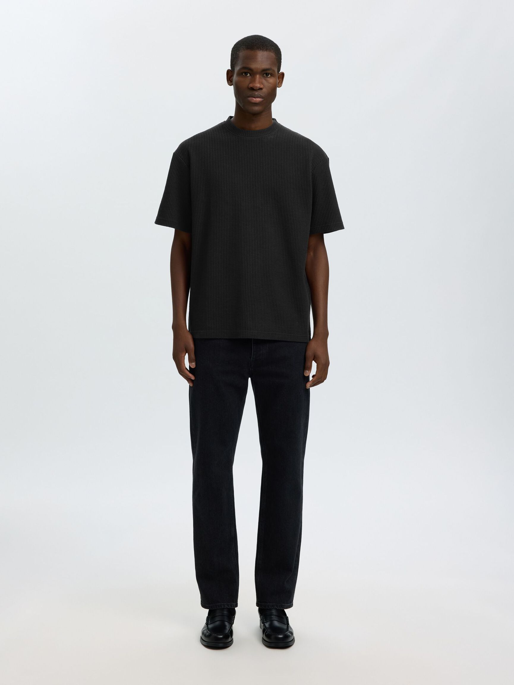 RELAXED FIT WAFFLED  T-SHIRT, Black, highres