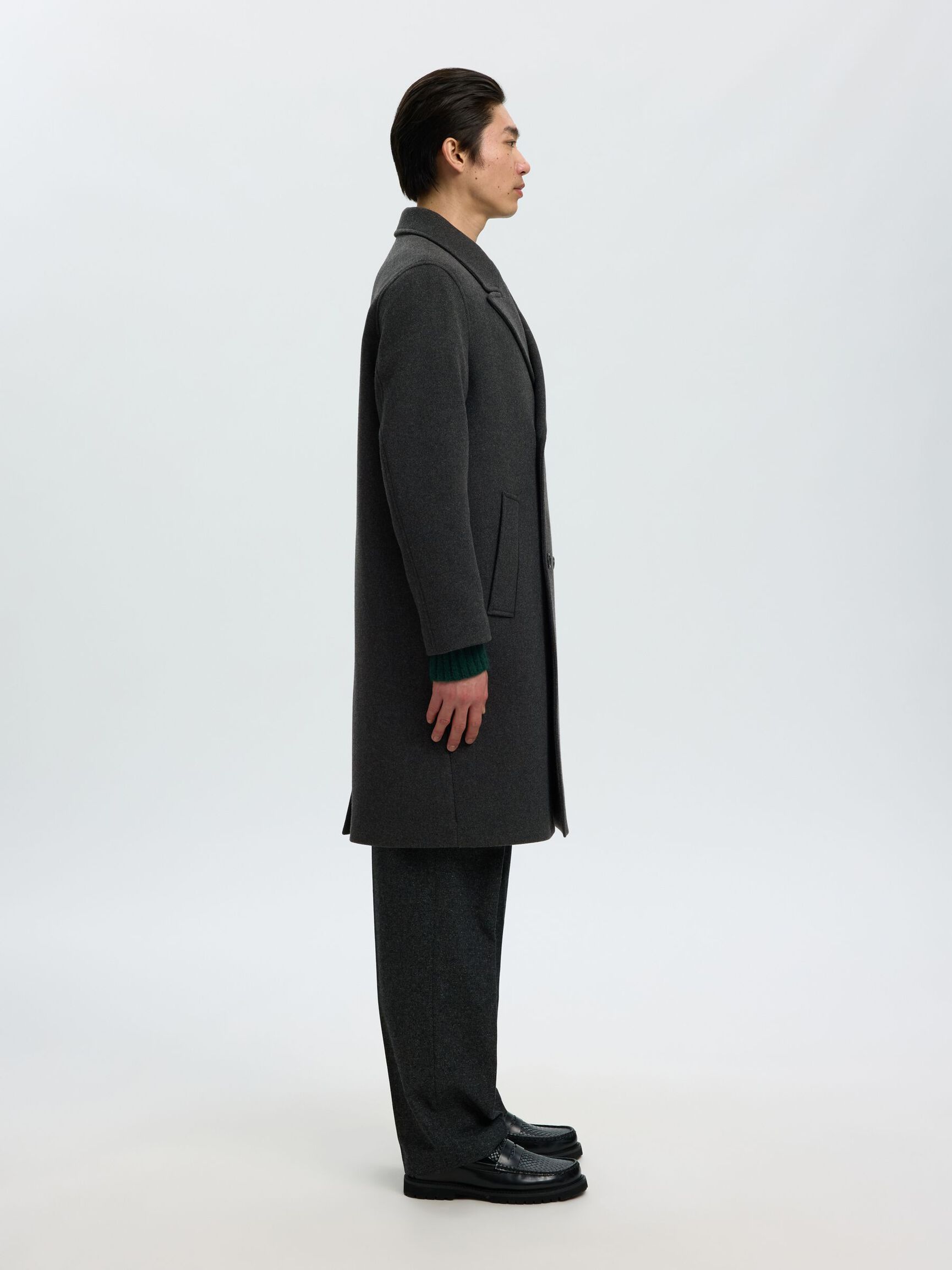 DOUBLE BREASTED WOOL BLEND LONG COAT, Dark Grey, highres