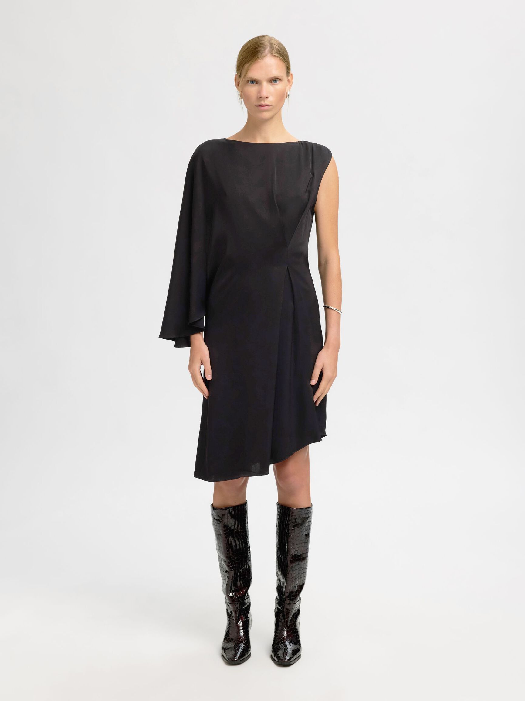 ASYMMETRIC VISCOSE ONE-SHOULDER DRESS, Black, highres