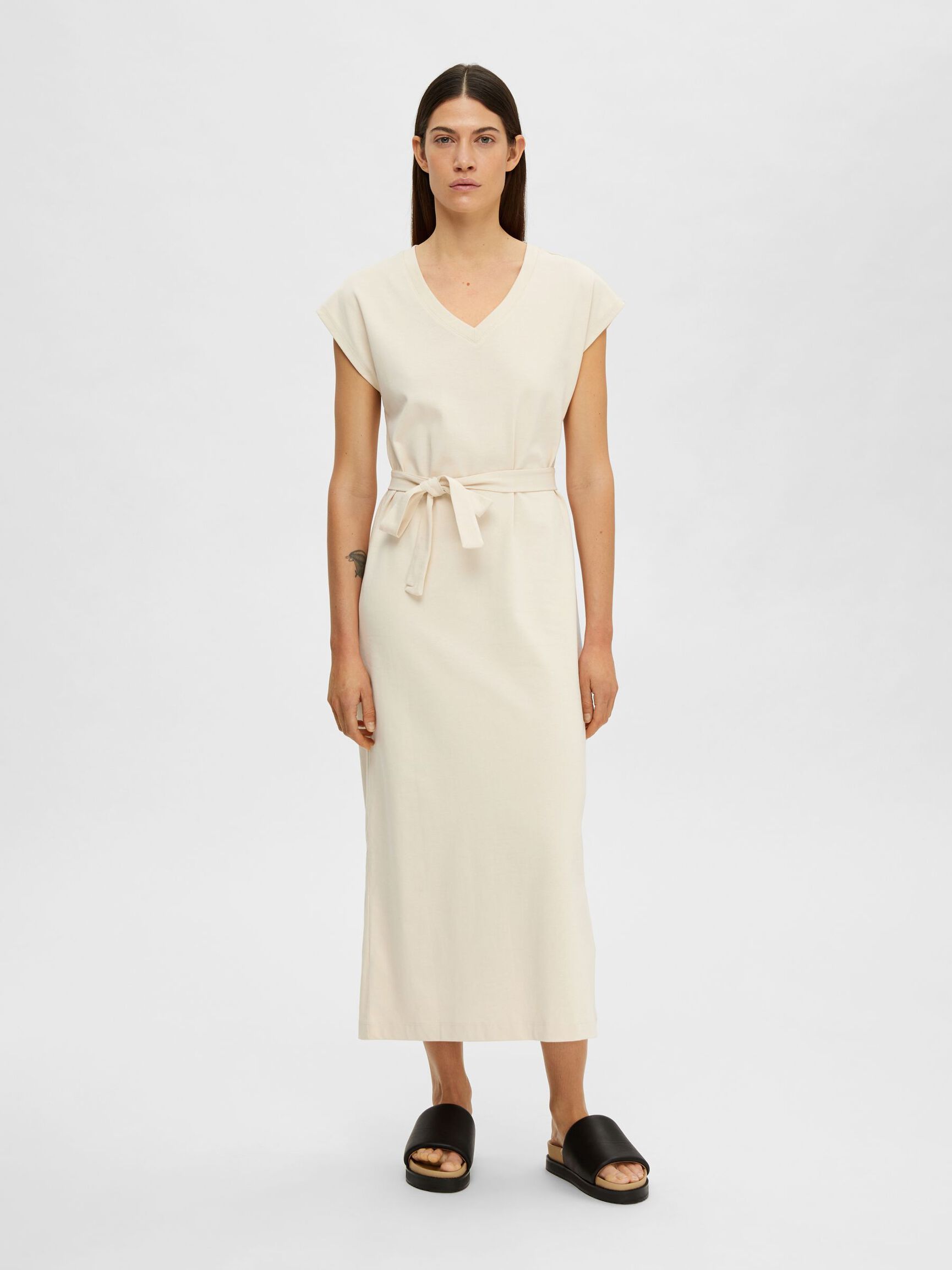 CAP SLEEVE MIDI DRESS, Birch, highres