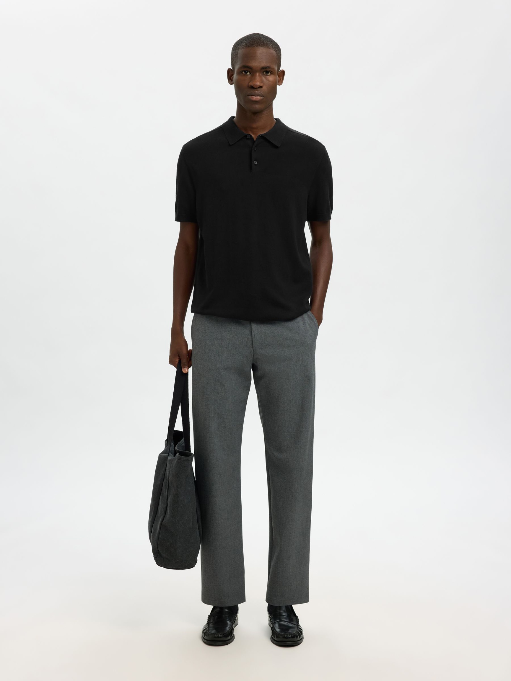 KNITTED POLO SHIRT, Black, highres