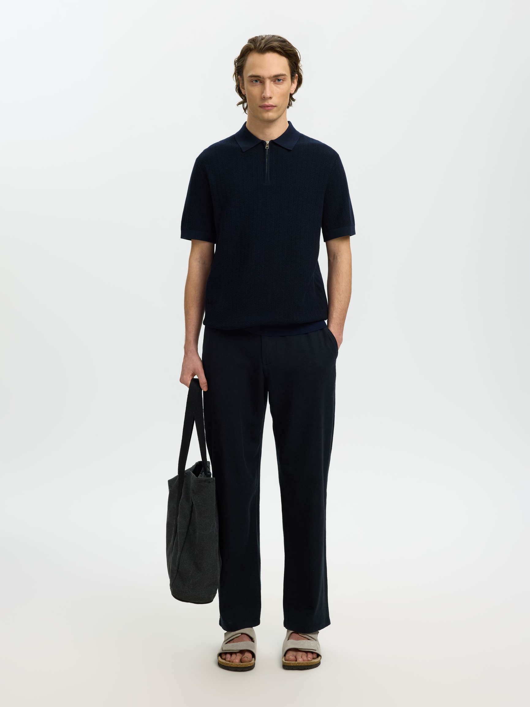 ZIP UP POLO SHIRT, Navy Blazer, highres