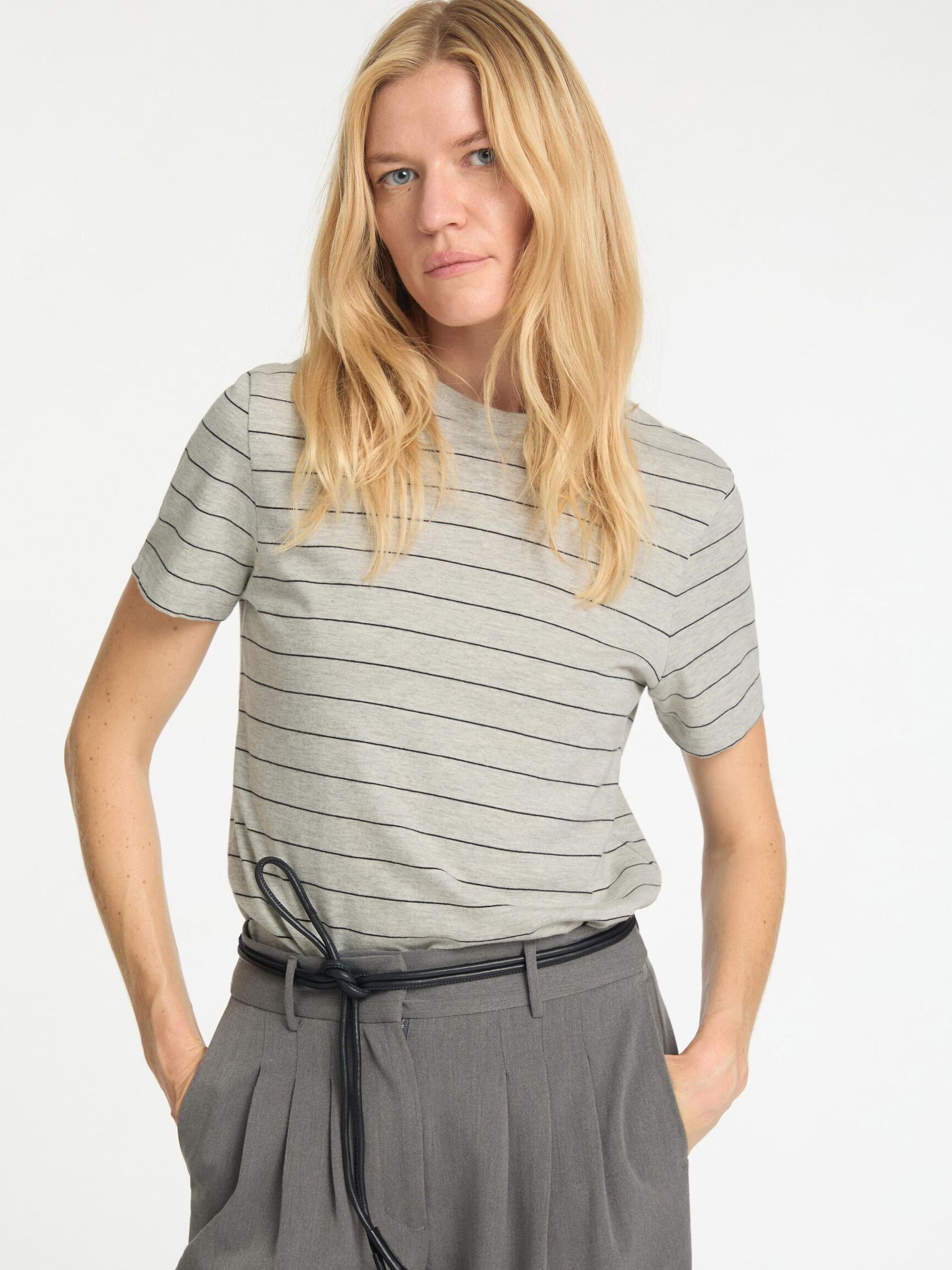 STRIPED COTTON T-SHIRT, Light Grey Melange, highres