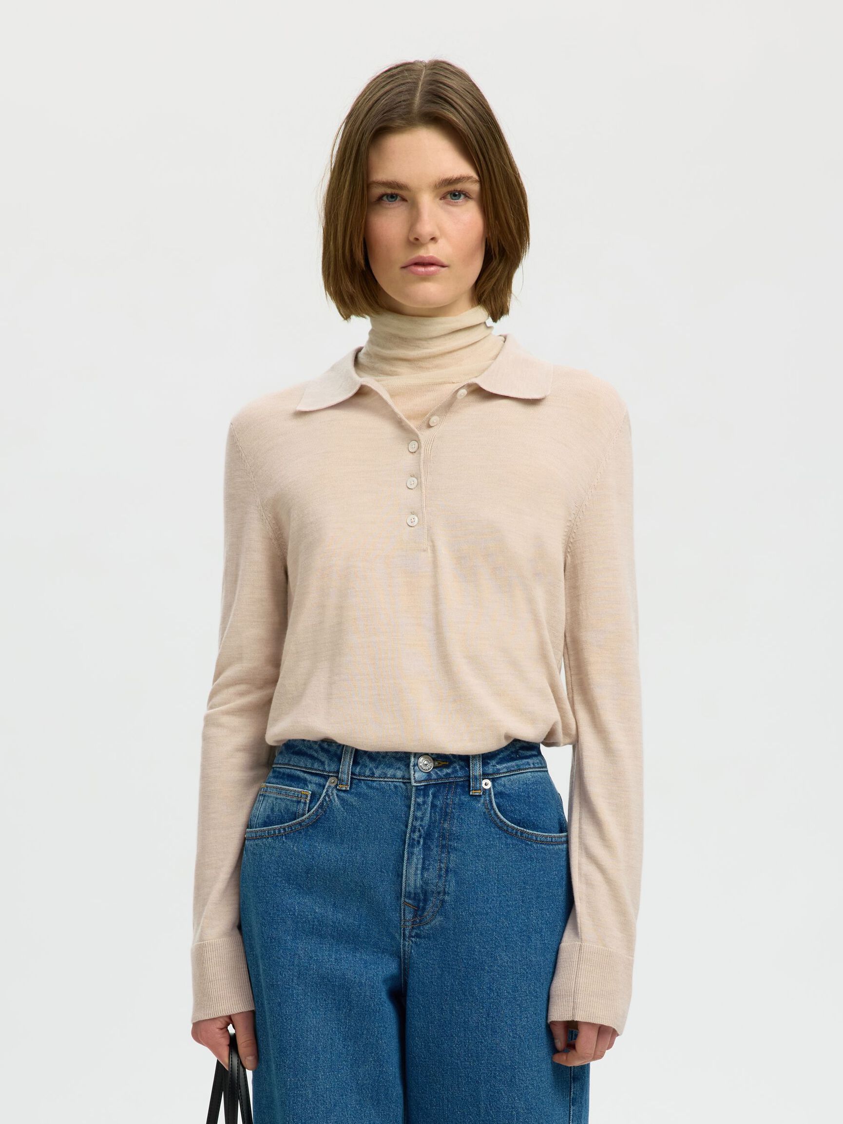 100% MERINOULD STRIKKET POLOSHIRT, Oatmeal, highres