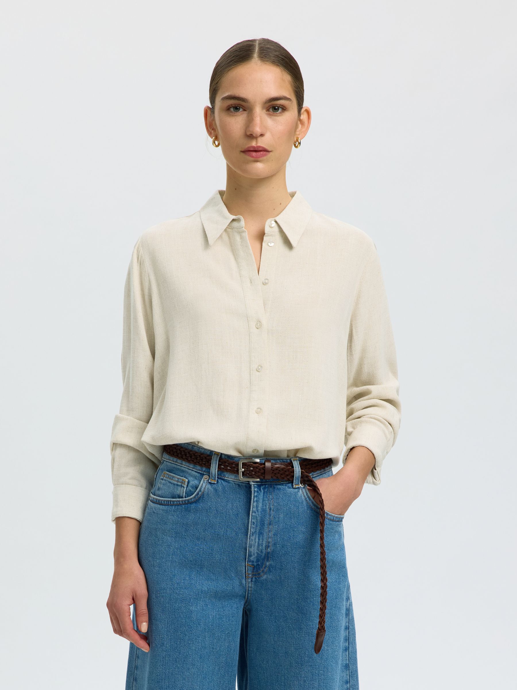 VISCOSE BLEND SHIRT, Sandshell, highres