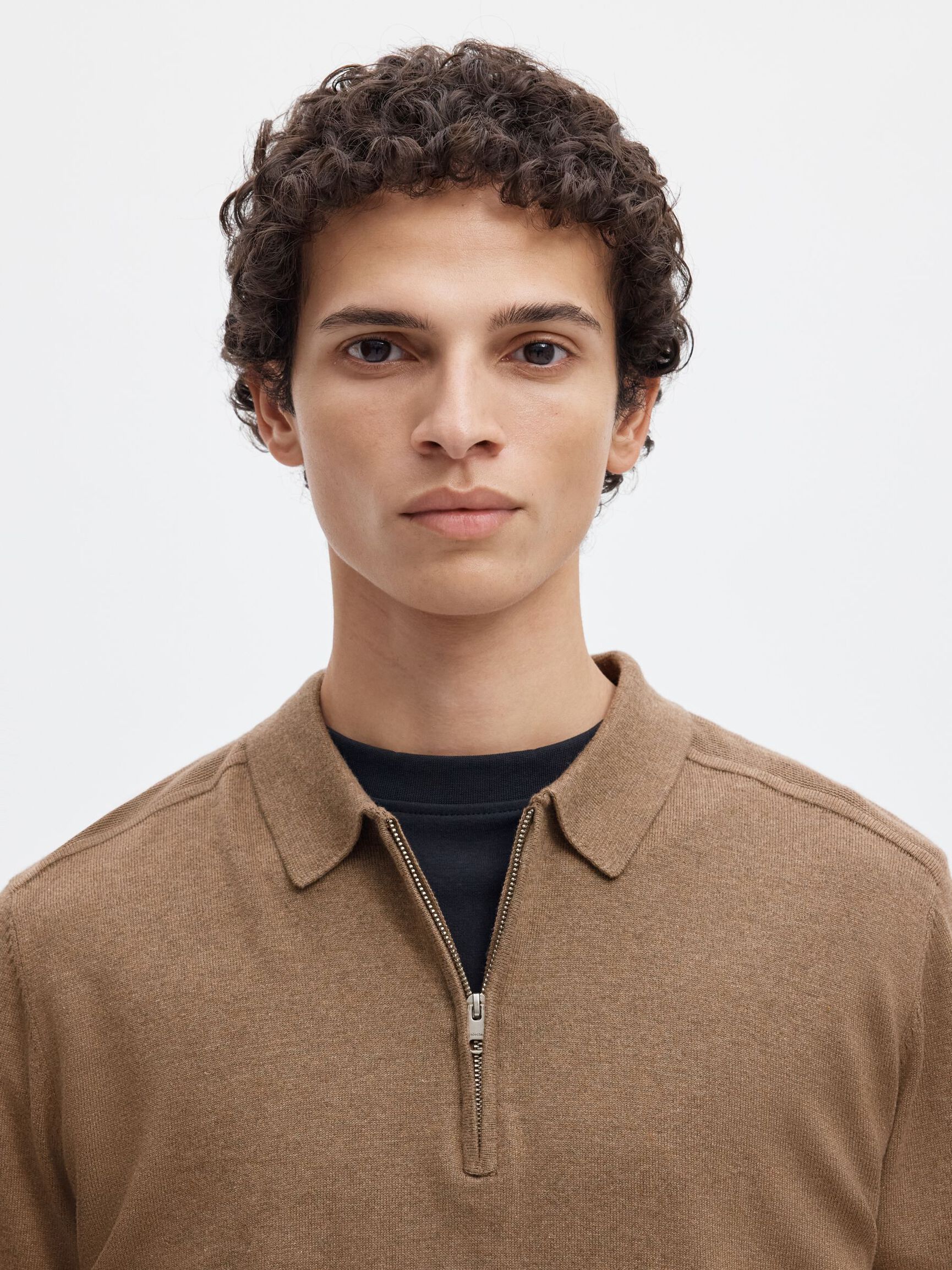 KNITTED LONG-SLEEVED POLO, Teak, highres