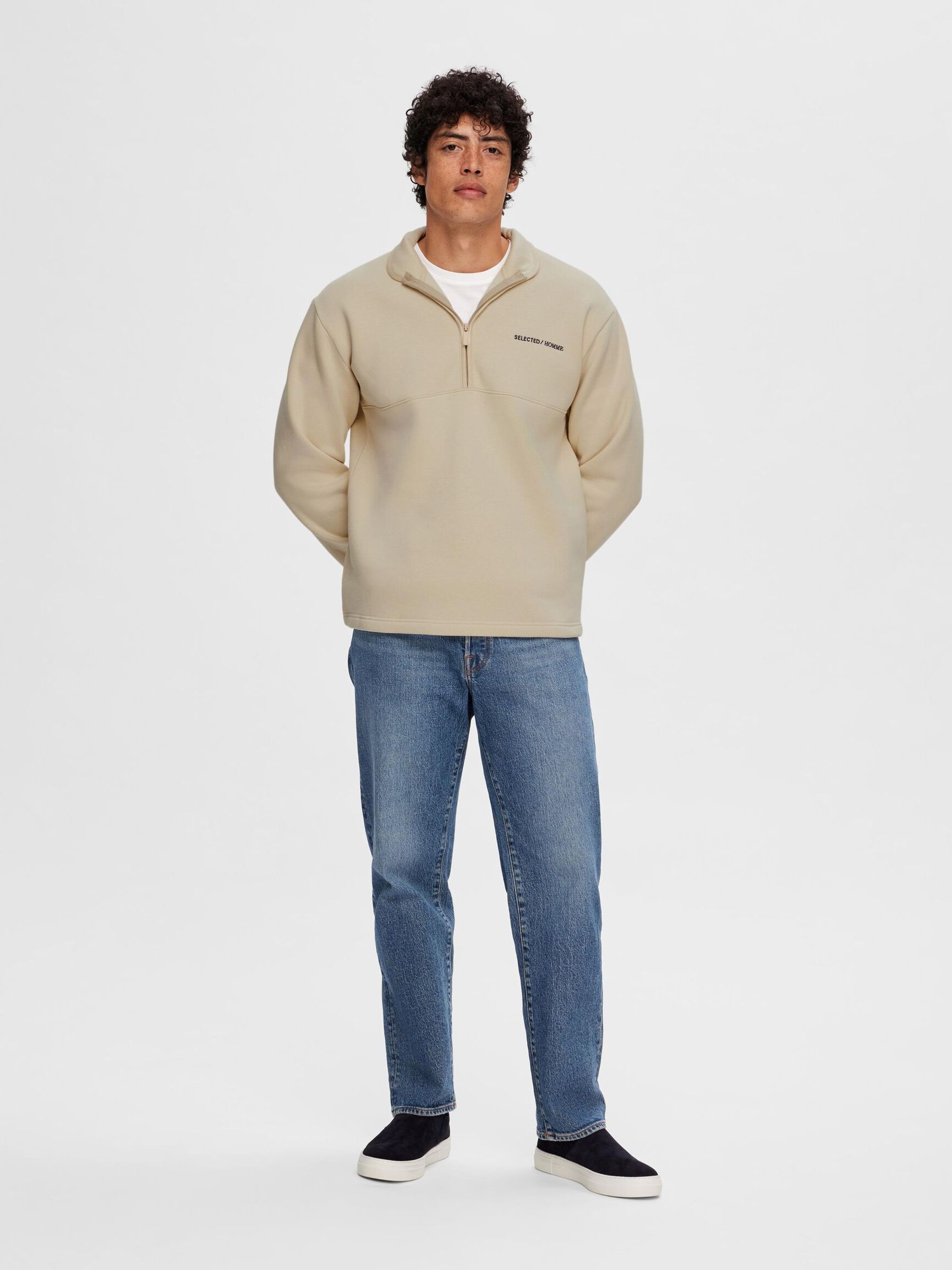 HALF-ZIP PULLOVER, Oatmeal, highres