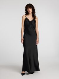 SATIJN KANT SLIPDRESS, Black, highres