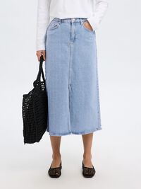 LIGHT-WASH MIDI DENIM ROK, Light Blue Denim, highres