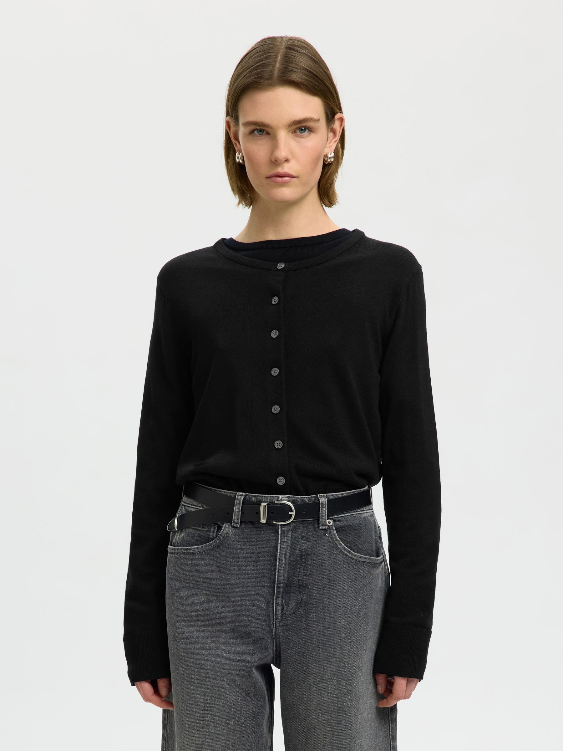 100% MERINO WOOL KNITTED CARDIGAN, Black, highres