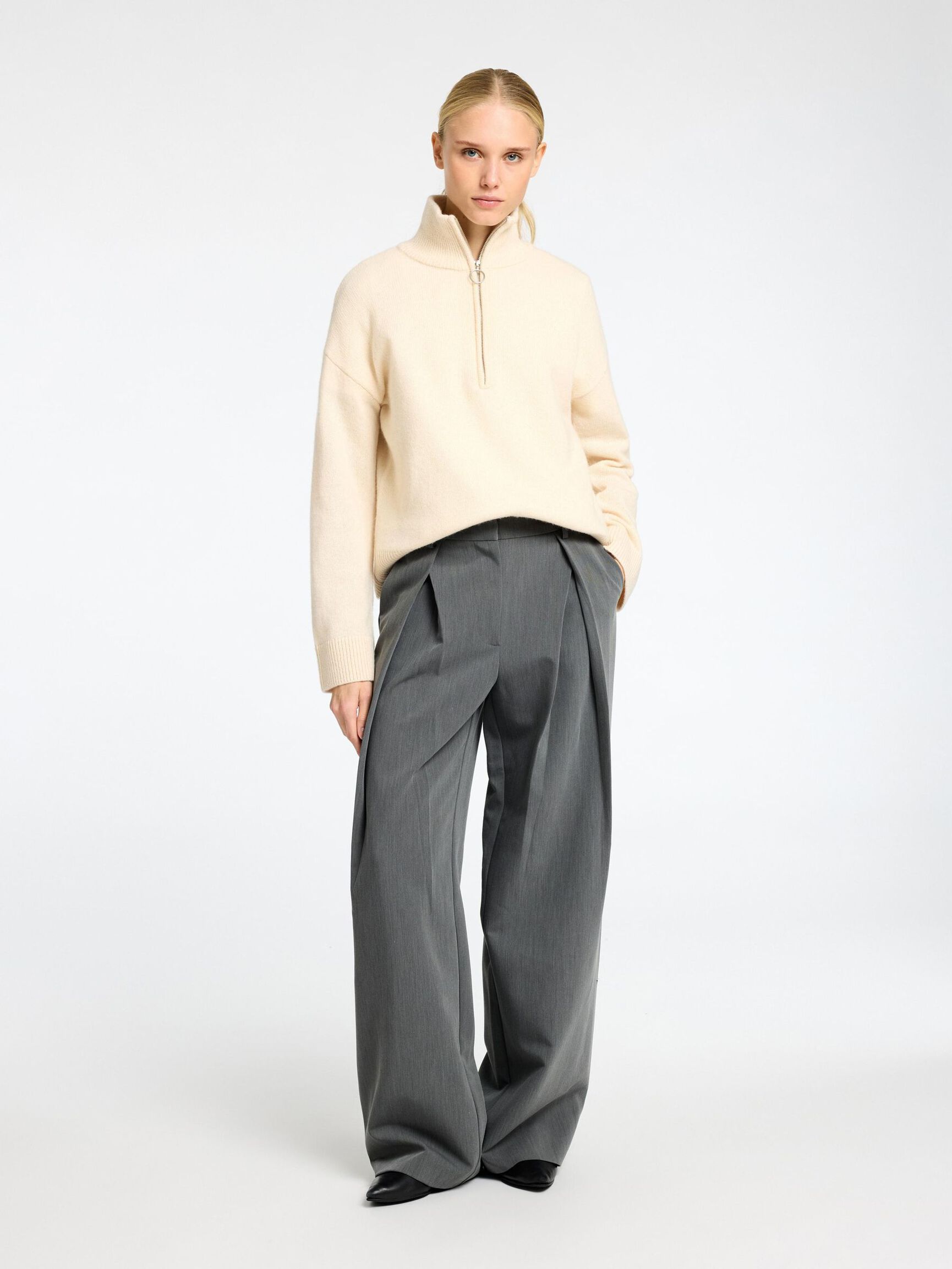 WOOL BLEND HALF-ZIP JUMPER, Birch, highres