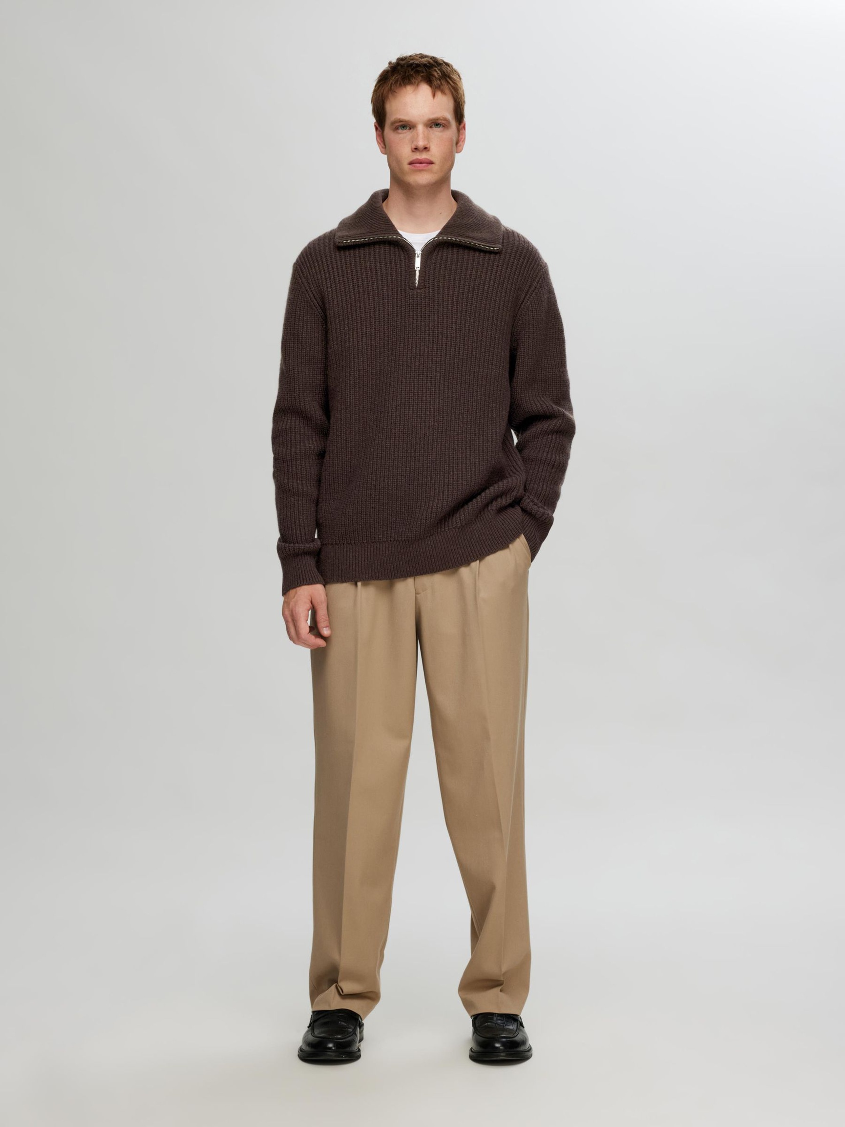 KNITTED WOOL BLEND HALF-ZIP JUMPER, Chocolate Torte, highres