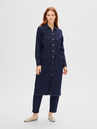 DONKERBLAUW DENIM MIDI JURK, Dark Blue Denim, highres