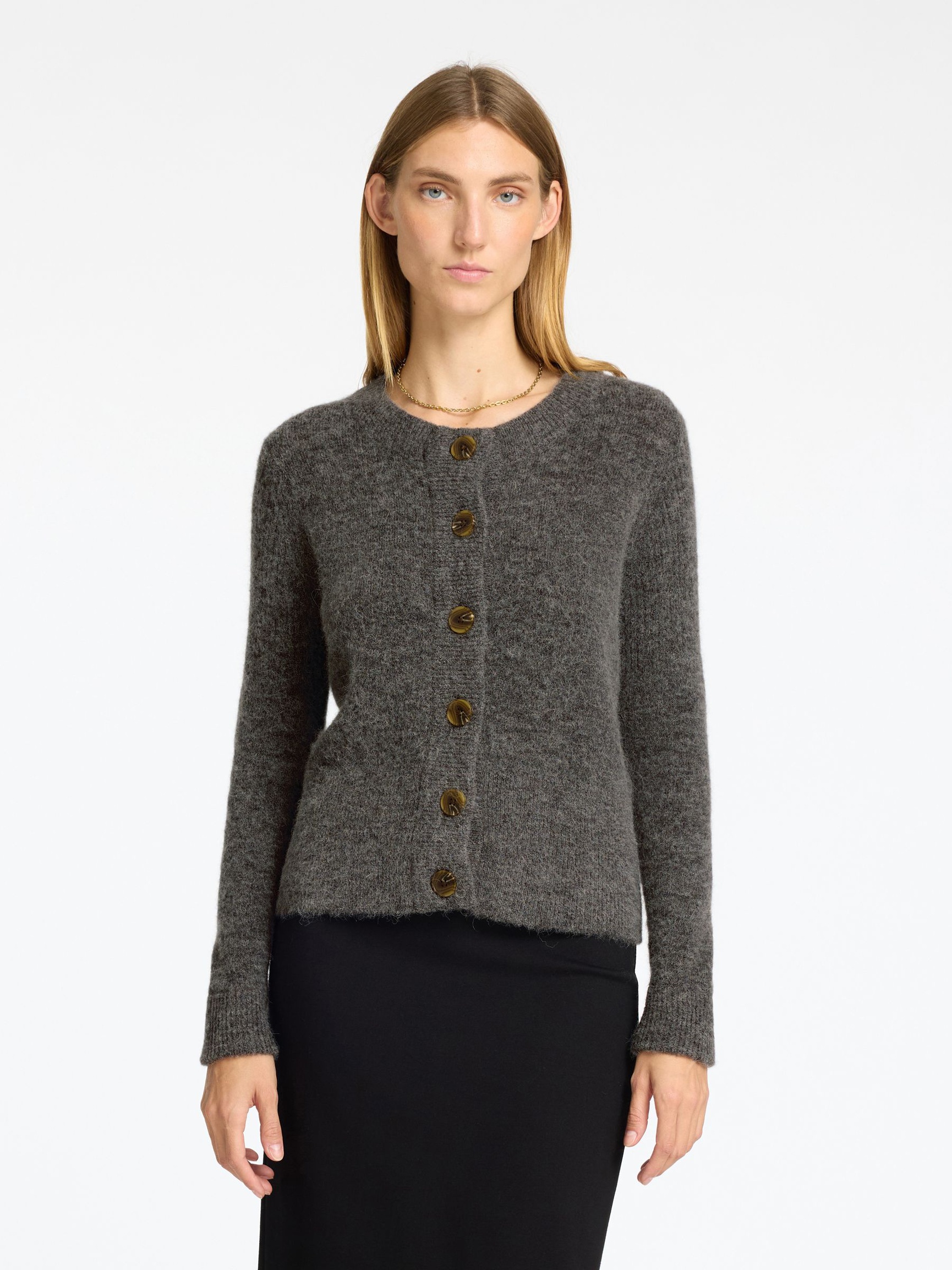 WOOL BLEND KNITTED CARDIGAN, Medium Grey Melange, highres