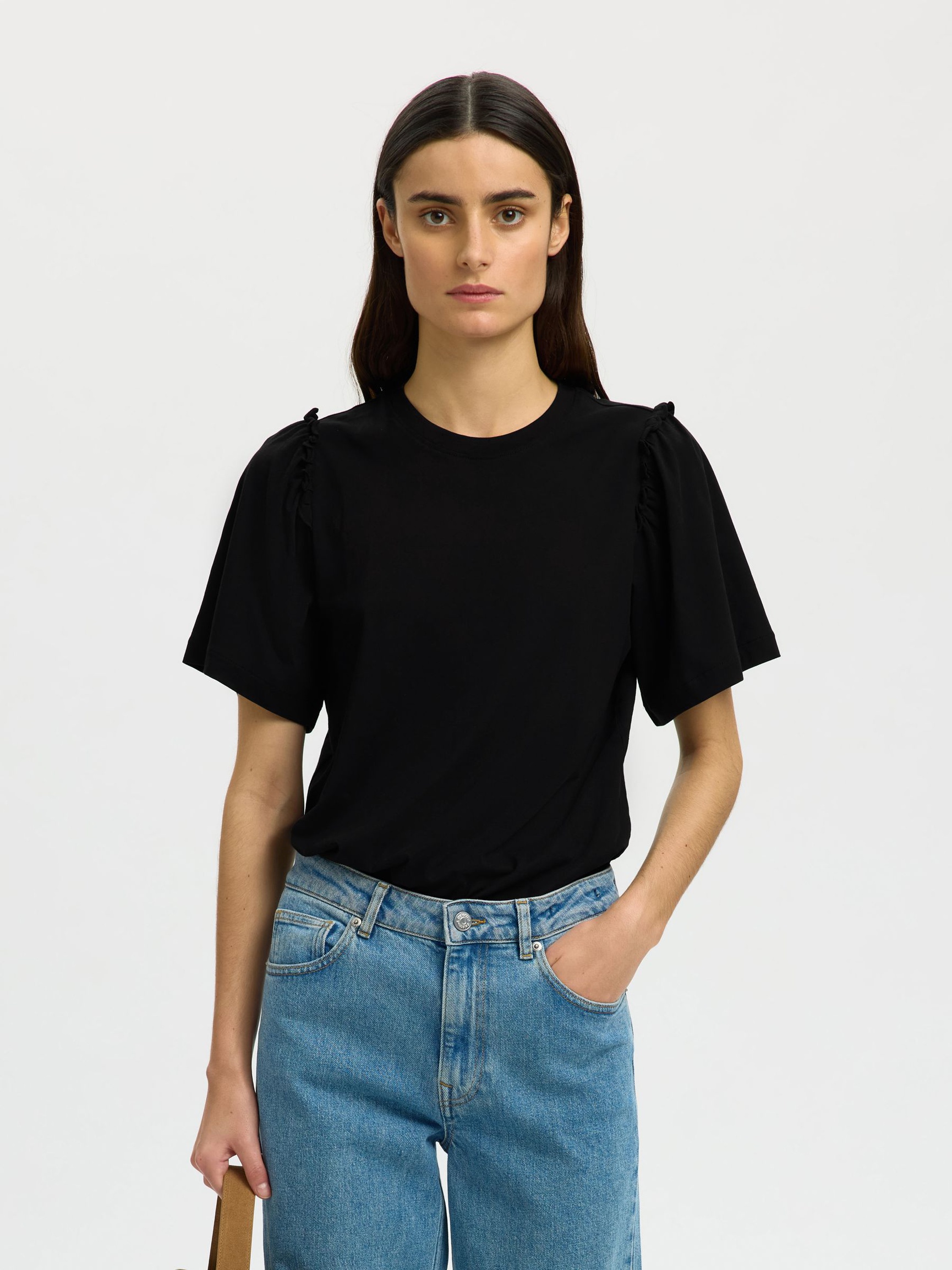 RUFFLED COTTON T-SHIRT, Black, highres