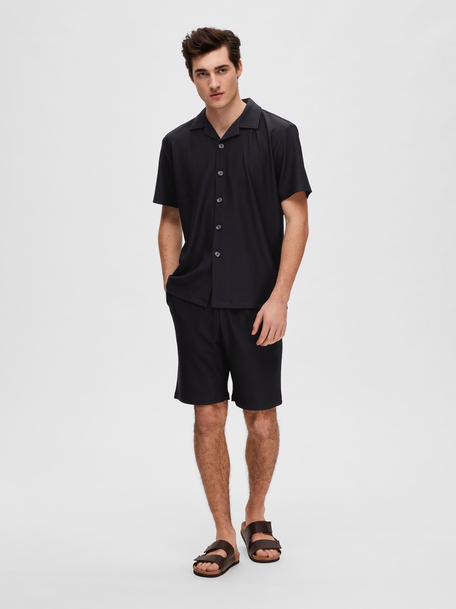 RIBBED CUBAN COLLAR SHORT SLEEVED SHIRT, Black, highres