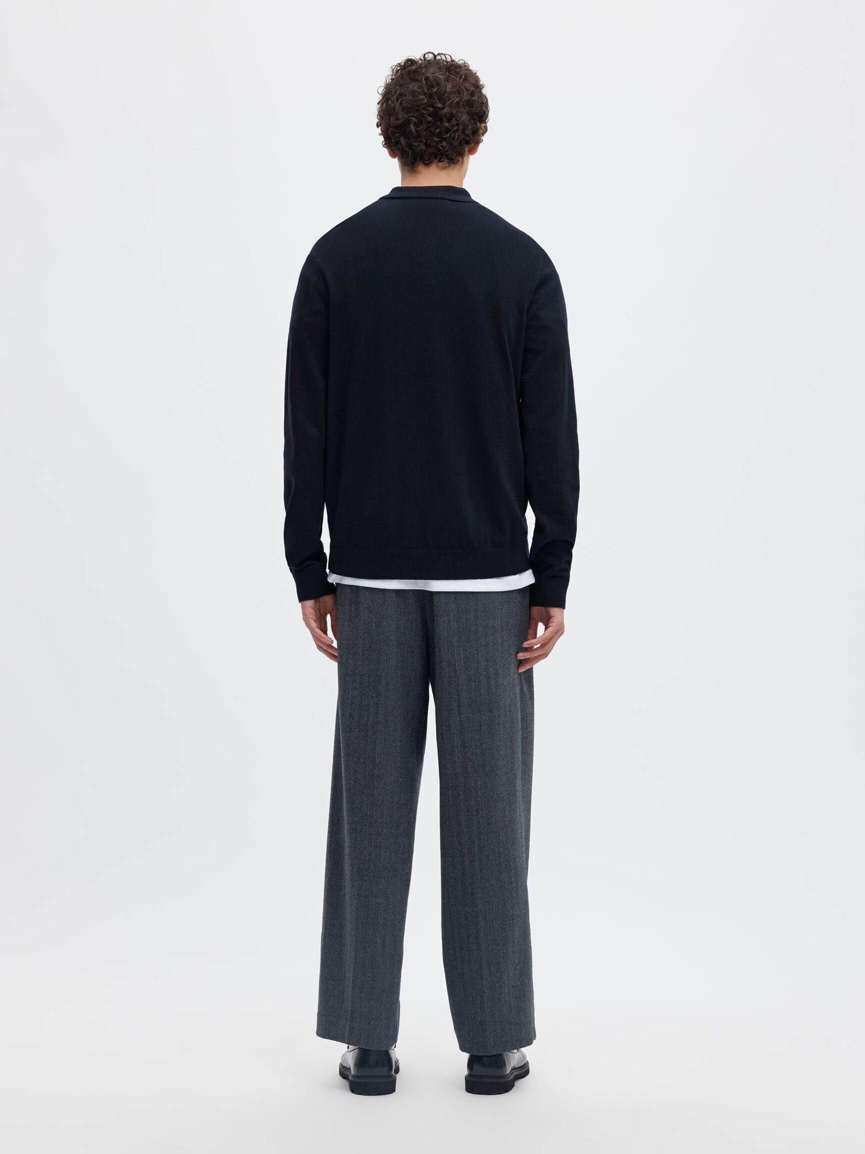 KNITTED LONG-SLEEVED POLO, Navy Blazer, highres