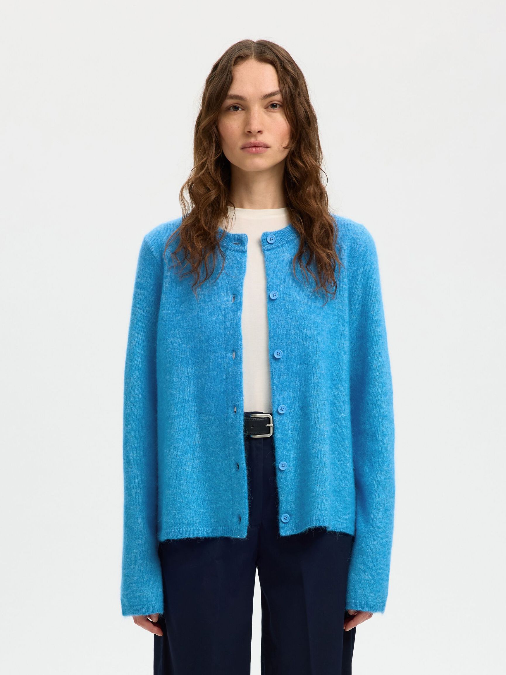 WOOL BLEND KNITTED CARDIGAN, Malibu Blue, highres