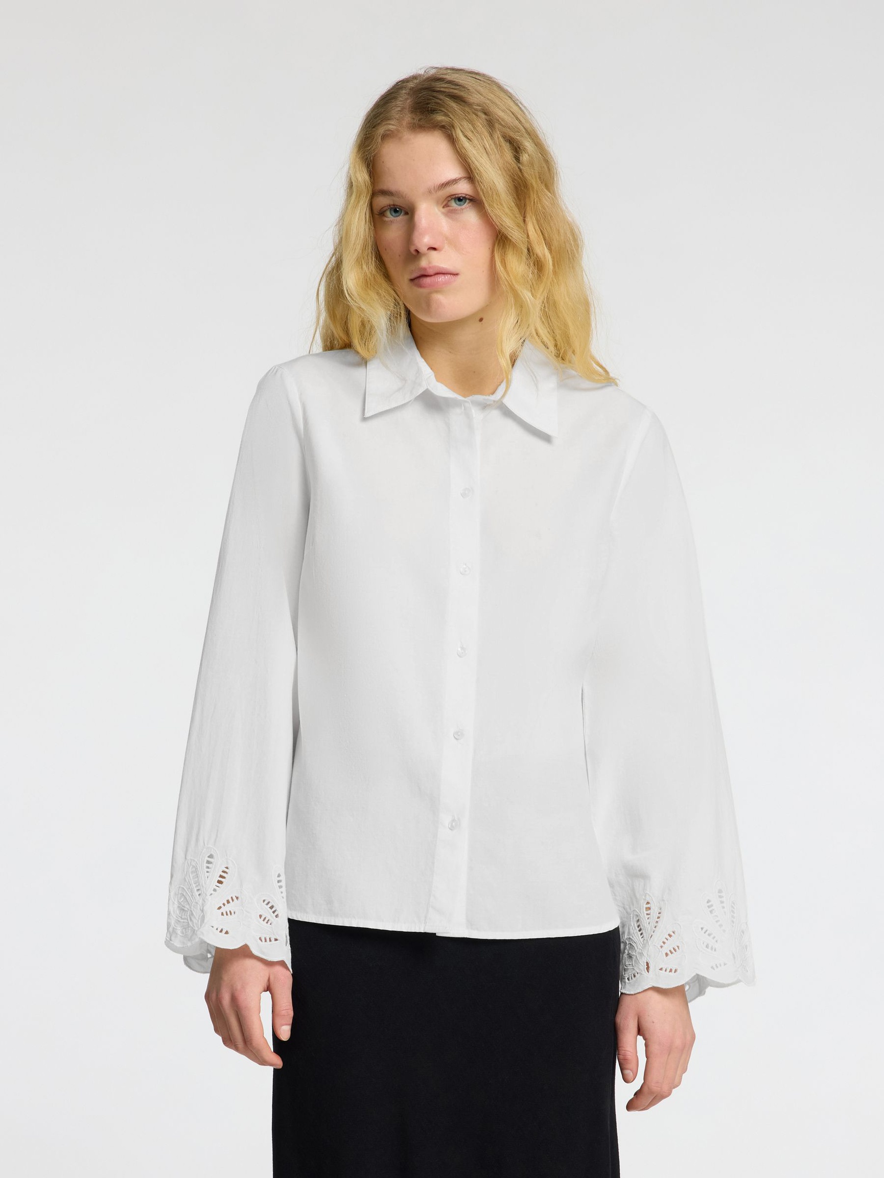 BRODERIE ANGLAISE OVERHEMD MET LANGE MOUWEN, Bright White, highres