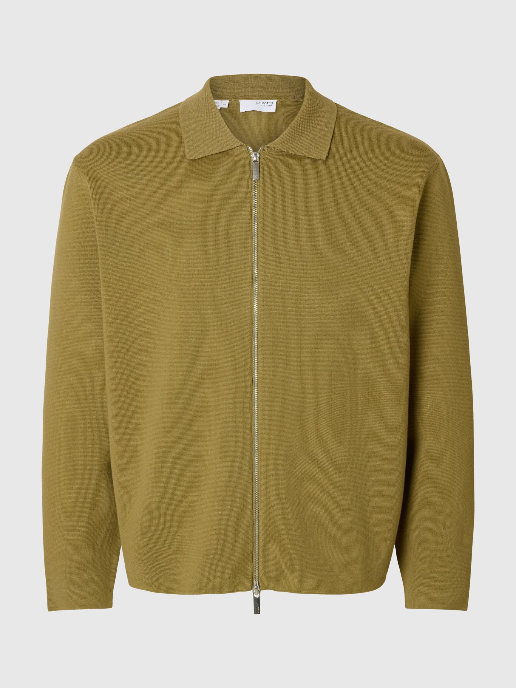 COTTON BLEND ZIP-FRONT CARDIGAN, Dried Herb, highres